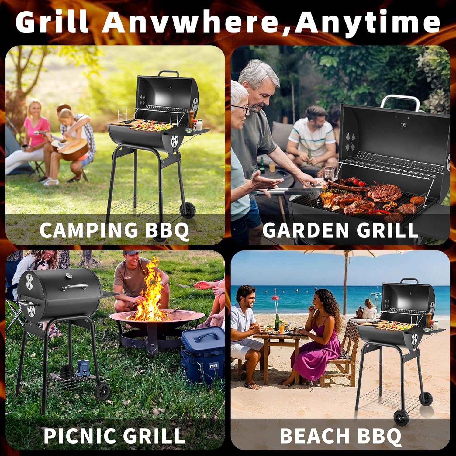 Thumbnail 6 de Holzkohlegrill-Kesselwagen mit Deckel – großer Fass-Grill, Thermometer, Grillrost & Warmhaltegitter