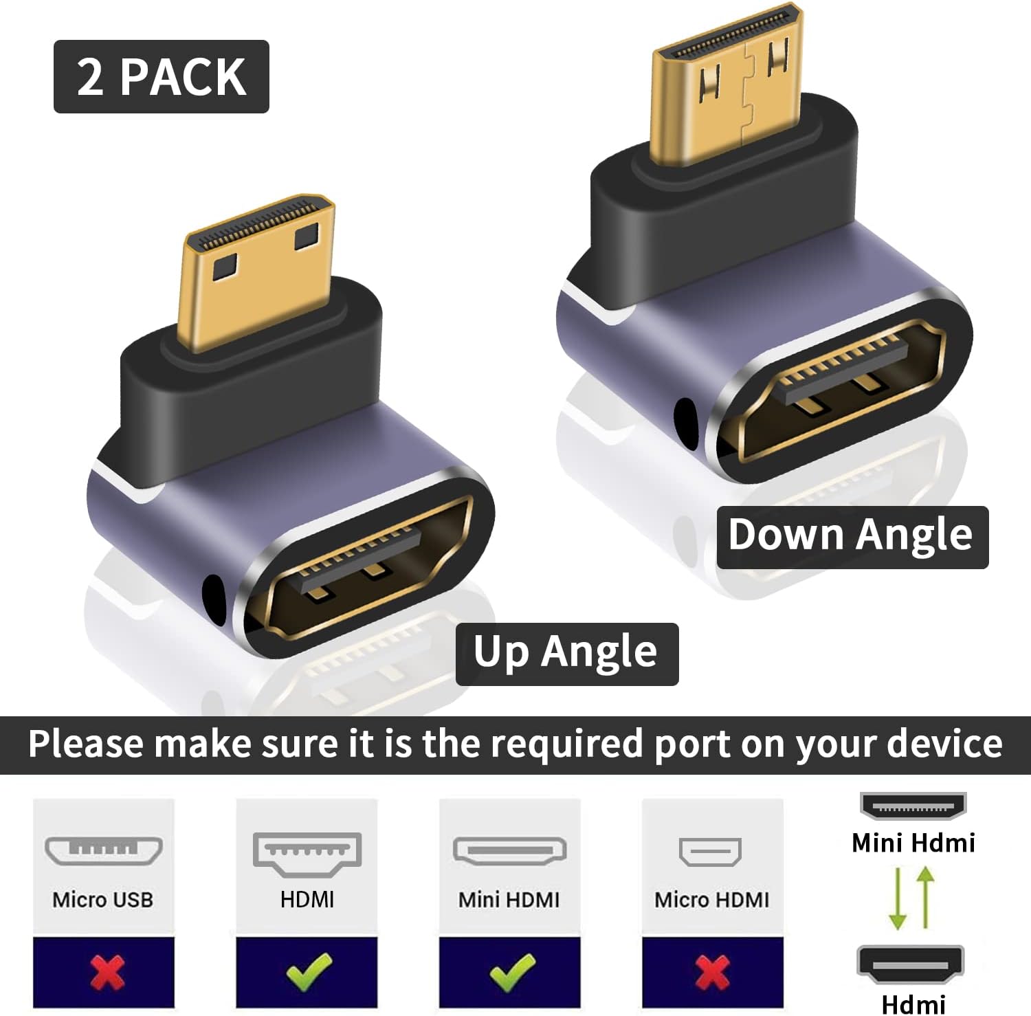 Thumbnail 1 de Maxhood Mini HDMI to HDMI Adapter 8K (2 Pack) – Up and Down Angled, 90° Mini HDMI Male to HDMI Female