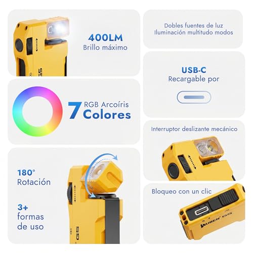 Thumbnail 2 de WUBEN G5 Linterna LED de Alta Potencia 400 Lúmenes, recargable USB, tamaño compacto, luz RGB y magnetismo