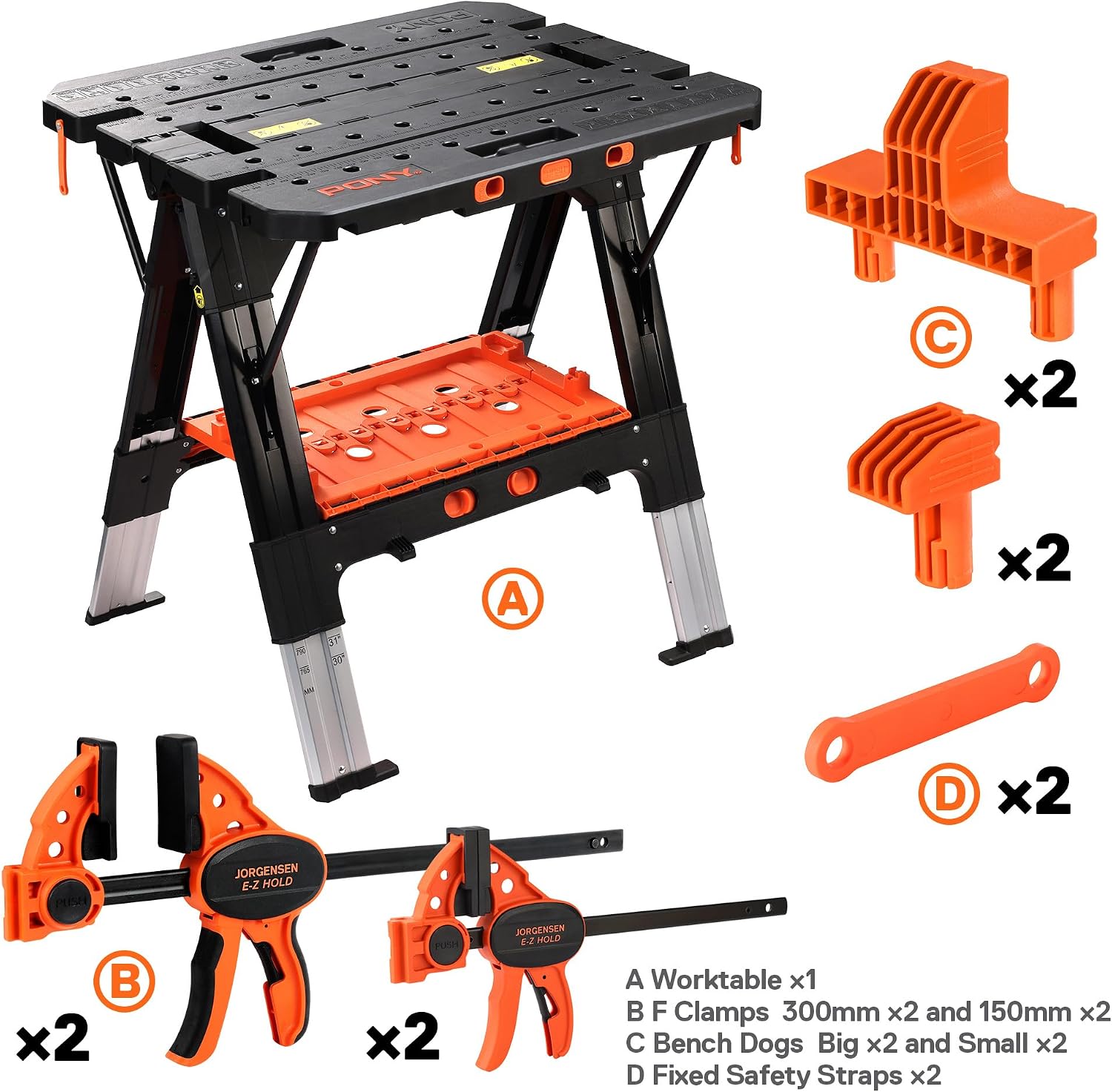 Detalle 2 de PONY 99214AJ.JP 2-in-1 opvouwbare werkbank en zaagbok, 6 hoogtes