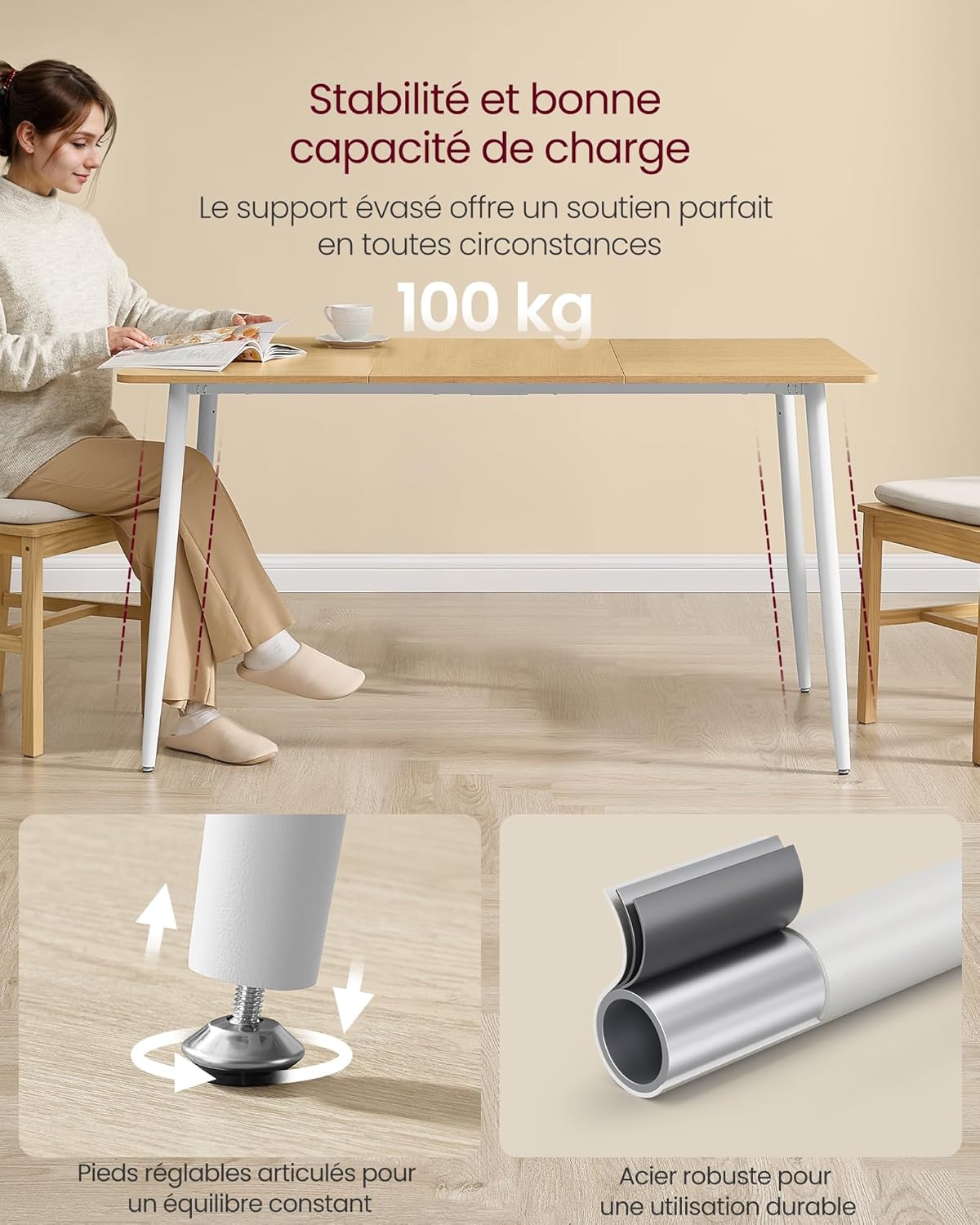 Thumbnail 5 de Table de cuisine VASAGLE KDT100YA02V1 (75 x 140 x 75 cm) pour 4 à 6 personnes, doré chêne et blanc nuage