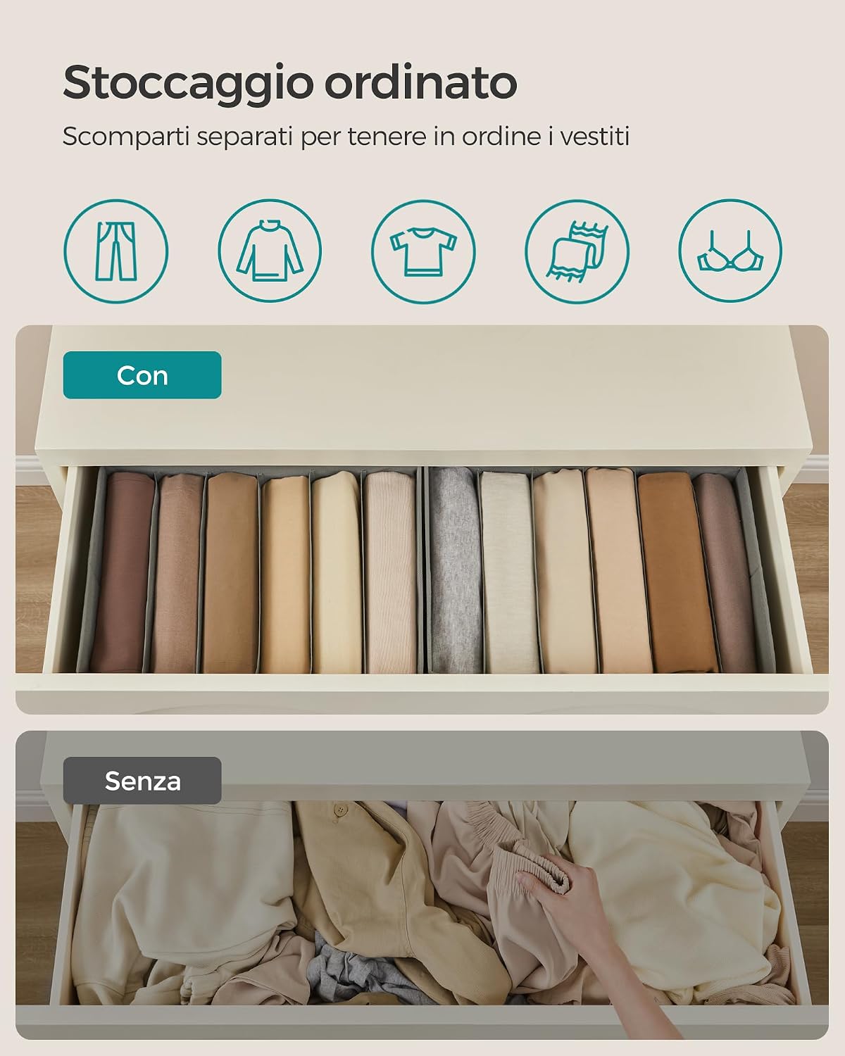Detalle de SONGMICS RUS009G03 set di 6 organizzatori per armadio a 6 scomparti (grigio tortora)