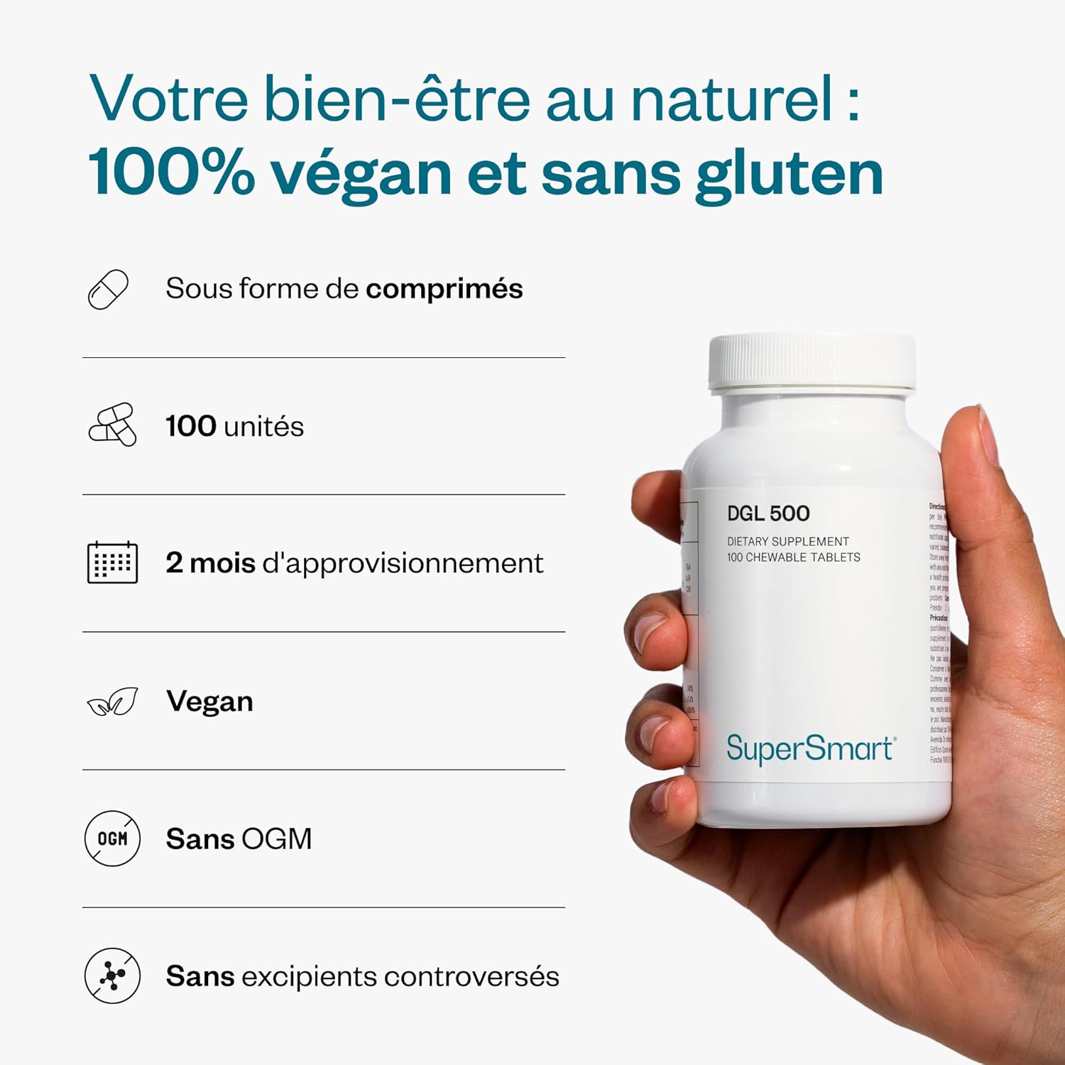 Thumbnail 5 de DGL 500 – Extrait de Racine de Réglisse déglycyrrhizinée, soulagement des reflux gastriques (comprimés à mâcher) – Supersmart