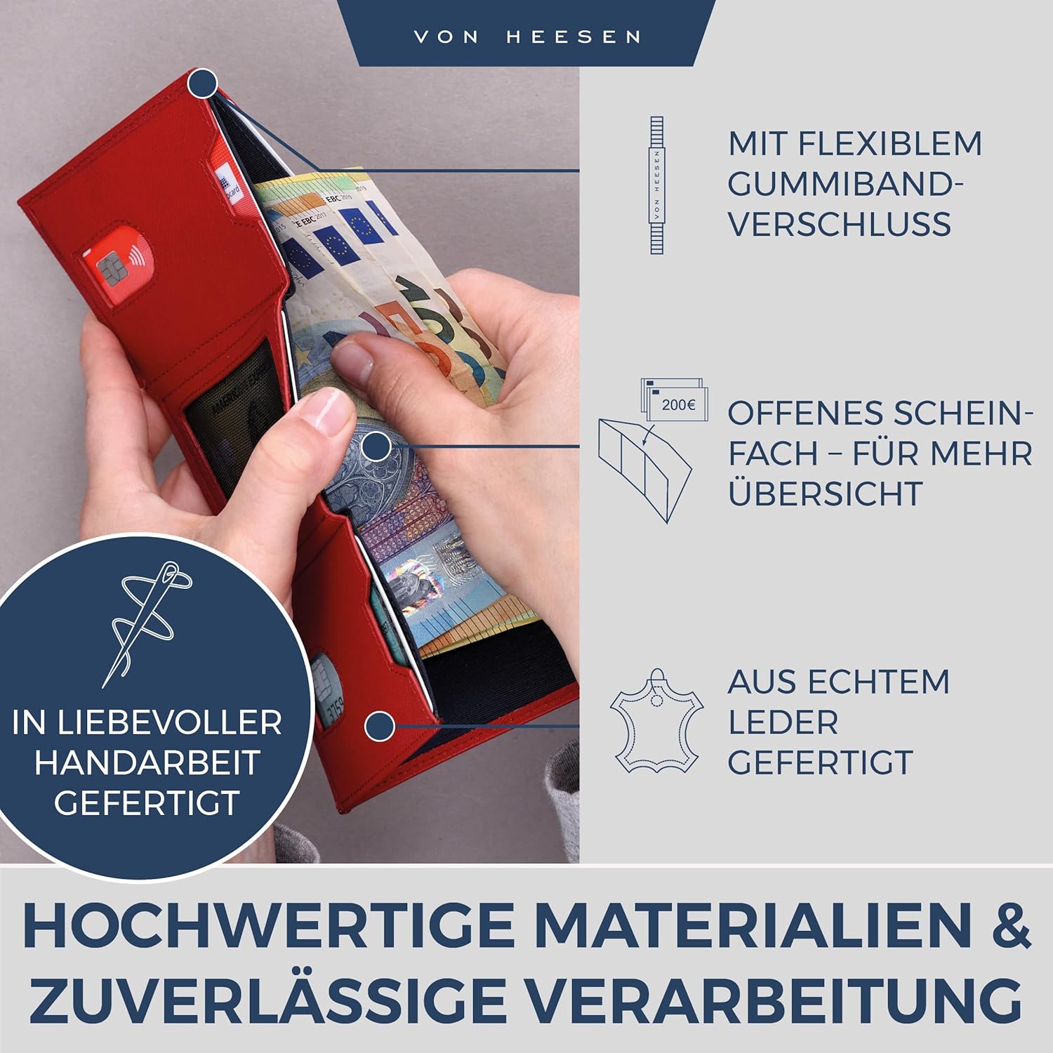 Thumbnail 3 de VON HEESEN Slim Wallet mit Münzfach & RFID-Schutz – rotes Saffiano Leder Kartenetui (9 x 7 x 1,5 cm)