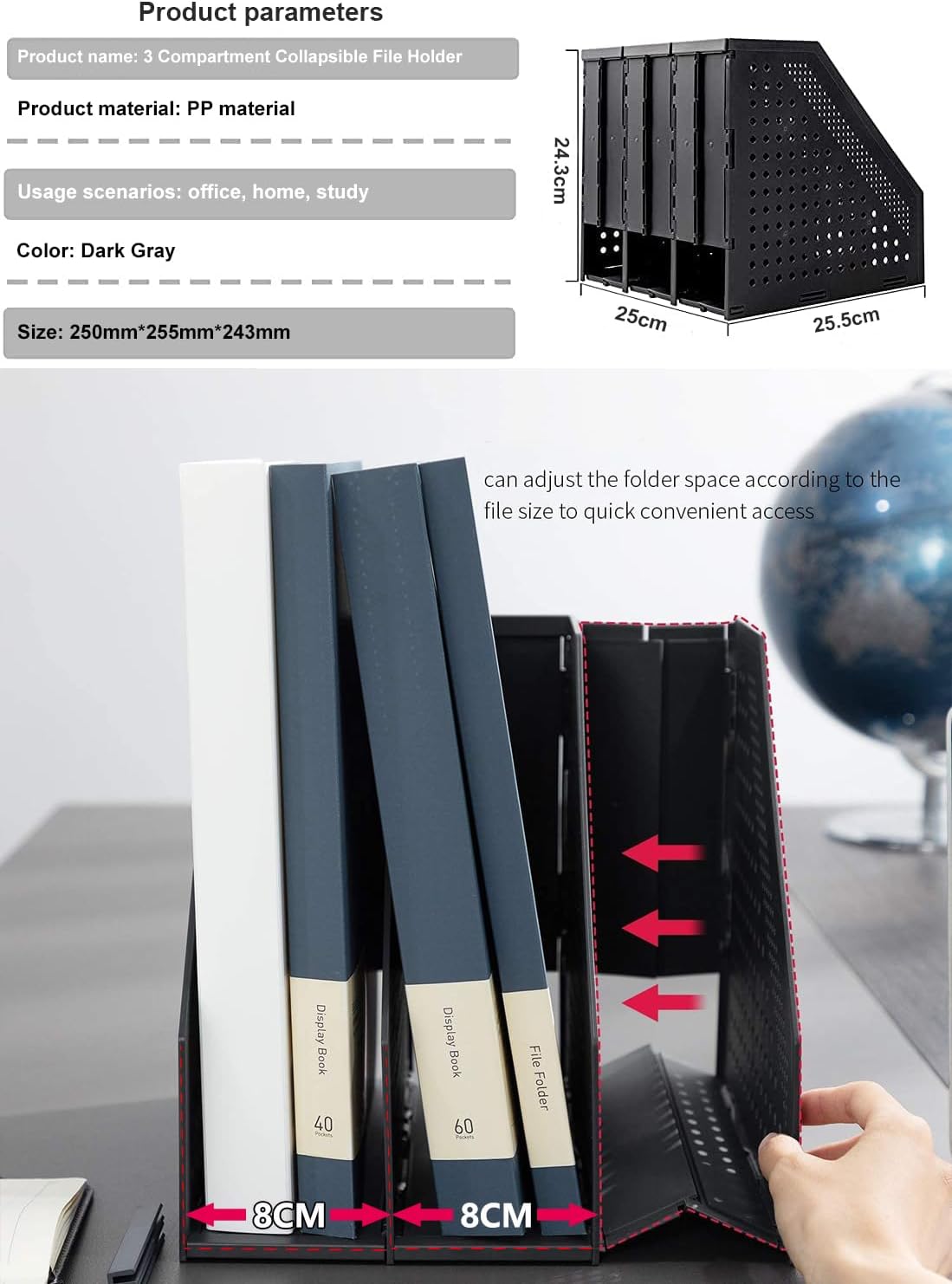 Thumbnail 2 de Sivelike A4 File Holder Folding Bookshelf – 3 Compartment, Dark Grey