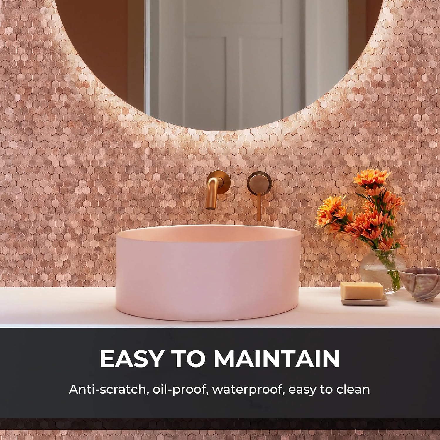 Detalle de STICKGOO Mosaic Peel and Stick Backsplash Tiles, Rose Gold 3D Aluminum Hexagons