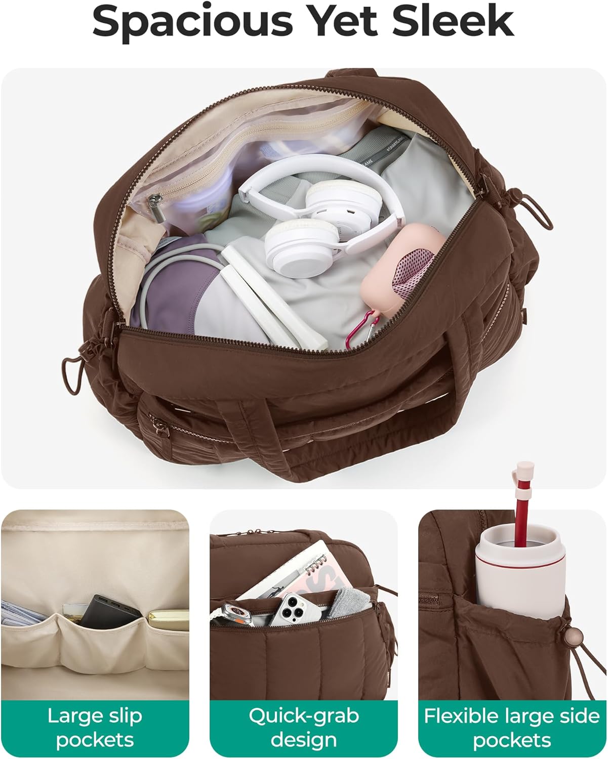 Detalle 2 de BAGSMART Women’s Gym Bag 24L Weekend Travel Bag with Wet Pocket (Coffee Brown) — underseat cabin bag for EasyJet & trolley sleeve