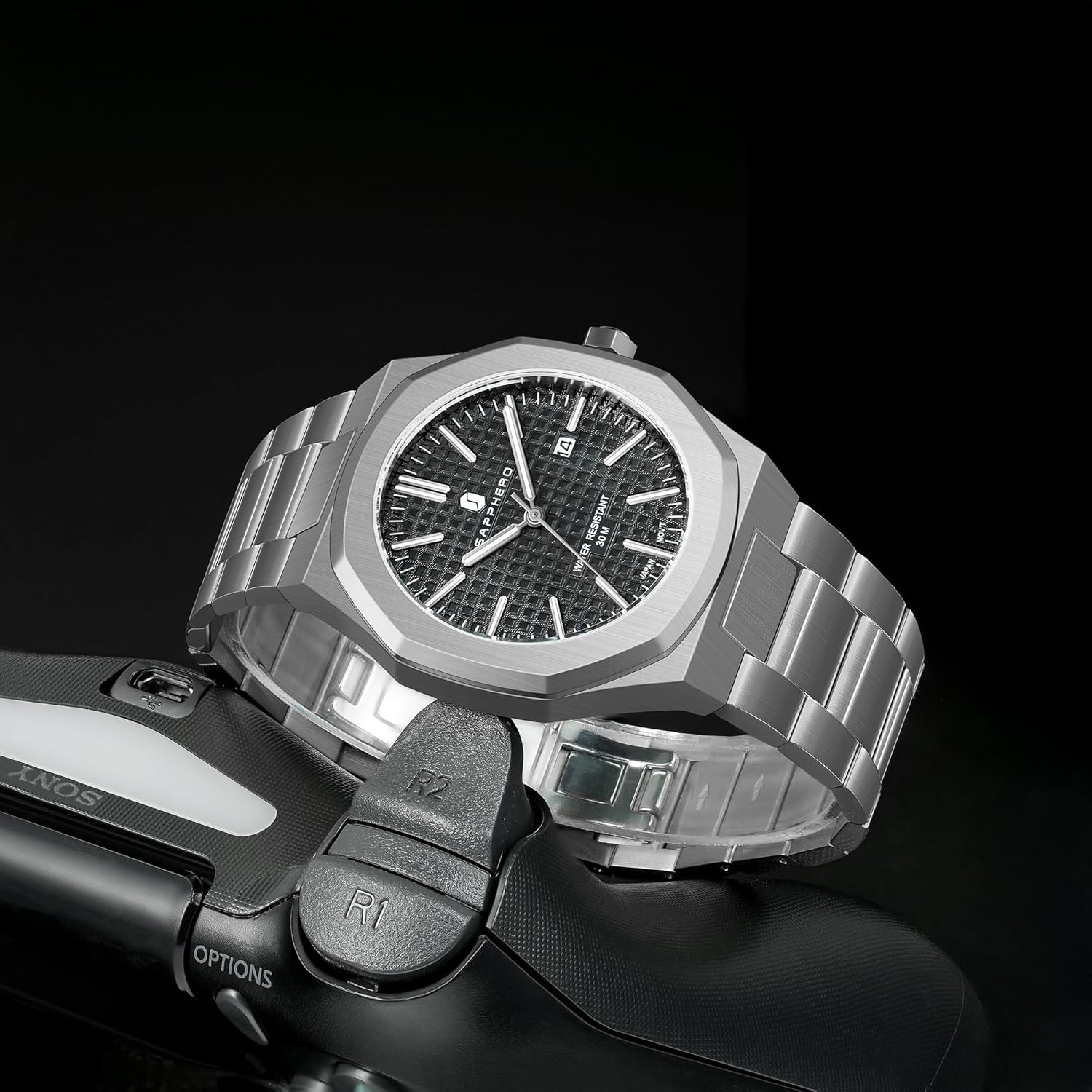 Thumbnail 3 de SAPPHERO Orologio da Uomo Impermeabile 50M in Acciaio Inox, Quarzo Miyota, 42 mm, Cinturino Acciaio, Data Calendario Nero Blu