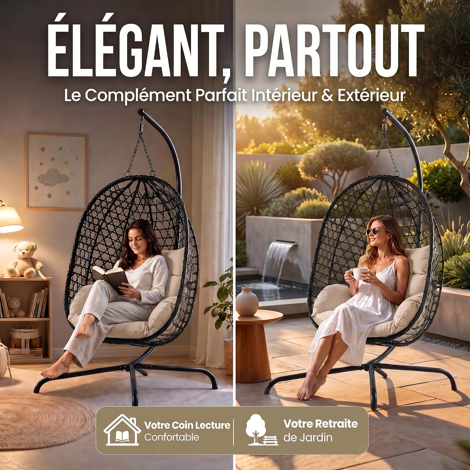 Thumbnail 3 de GOODS+GADGETS® Fauteuil Suspendu avec Support – Egg Chair 120 kg, rotin synthétique et coussin épais