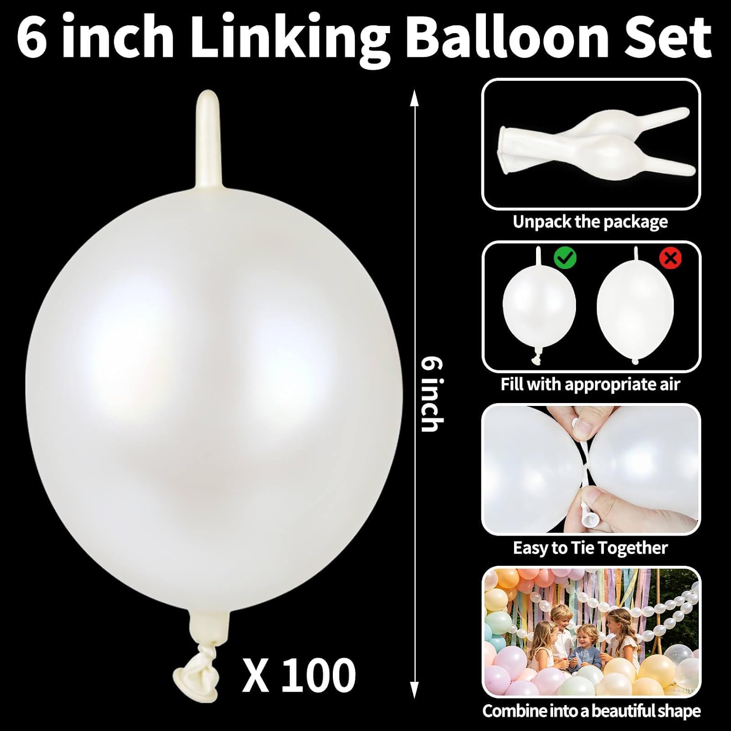 Thumbnail 1 de QIKOOLAA 100-Piece Pearl White 6-Inch Linking Balloons for Party Decor