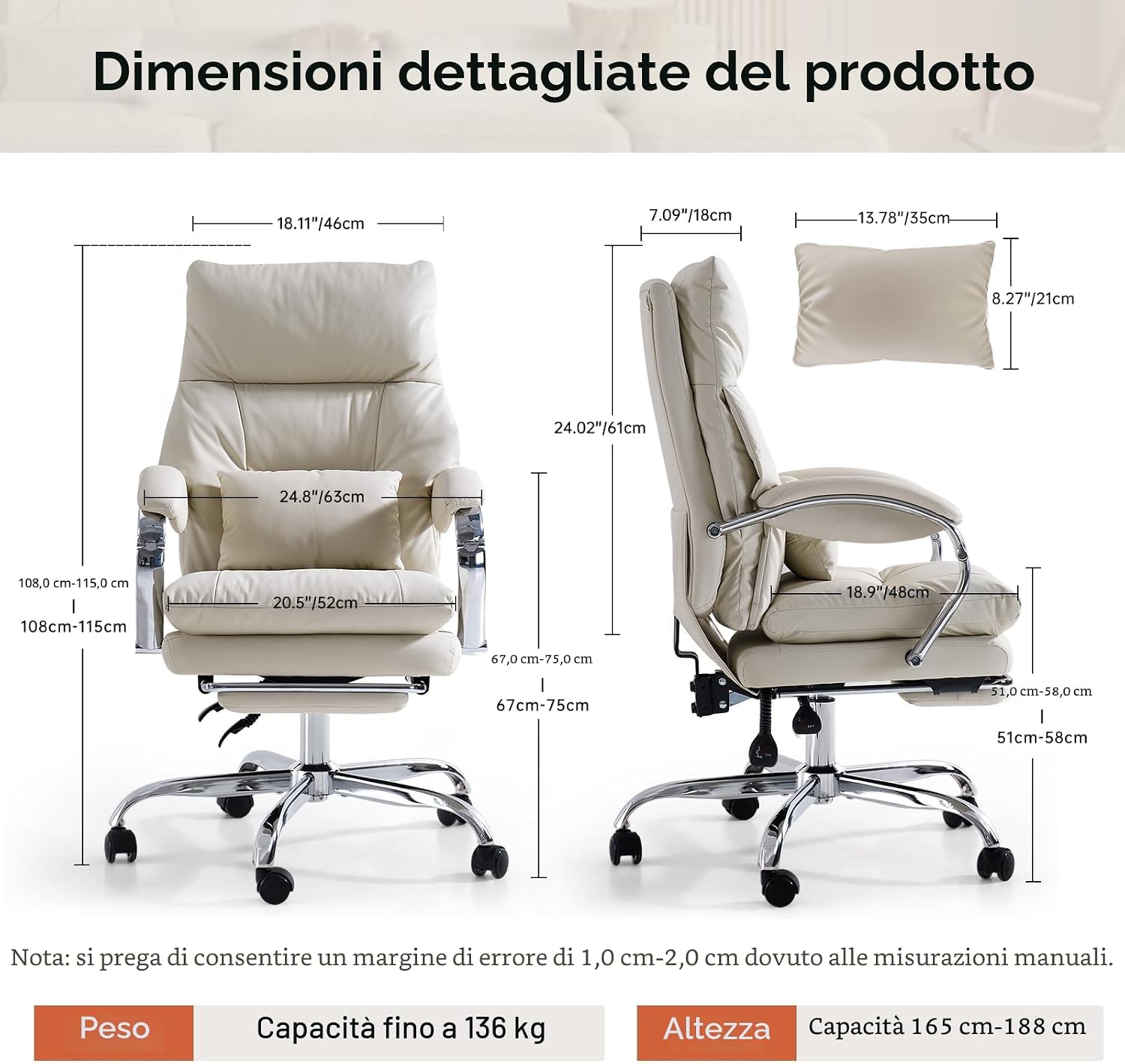 Thumbnail 1 de EMIAH Sedia da Ufficio Direzionale con Poggiapiedi: ergonomia e comfort premium (Beige)