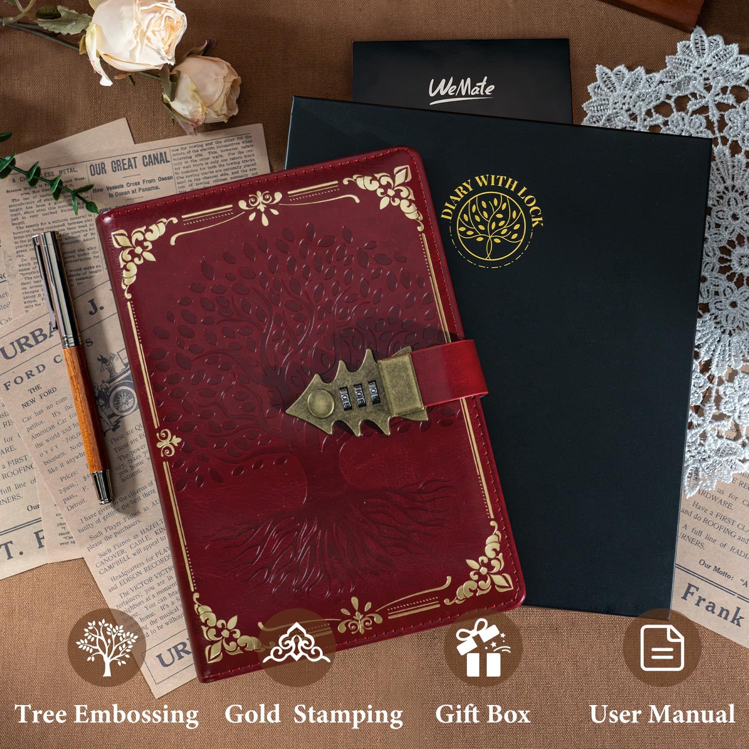 Thumbnail 3 de WEMATE Tagebuch mit Schloss und Geschenkbox – A5, 260 Seiten, Hardcover, Rot