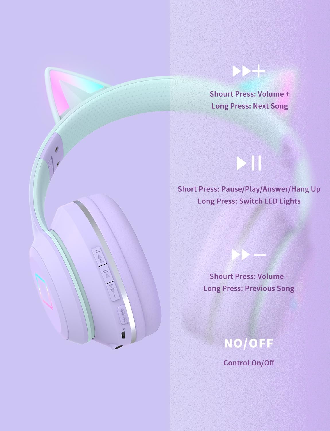 Thumbnail 5 de Cat Ear LED Light Up Kids Headphones Bluetooth 5.1, Foldable