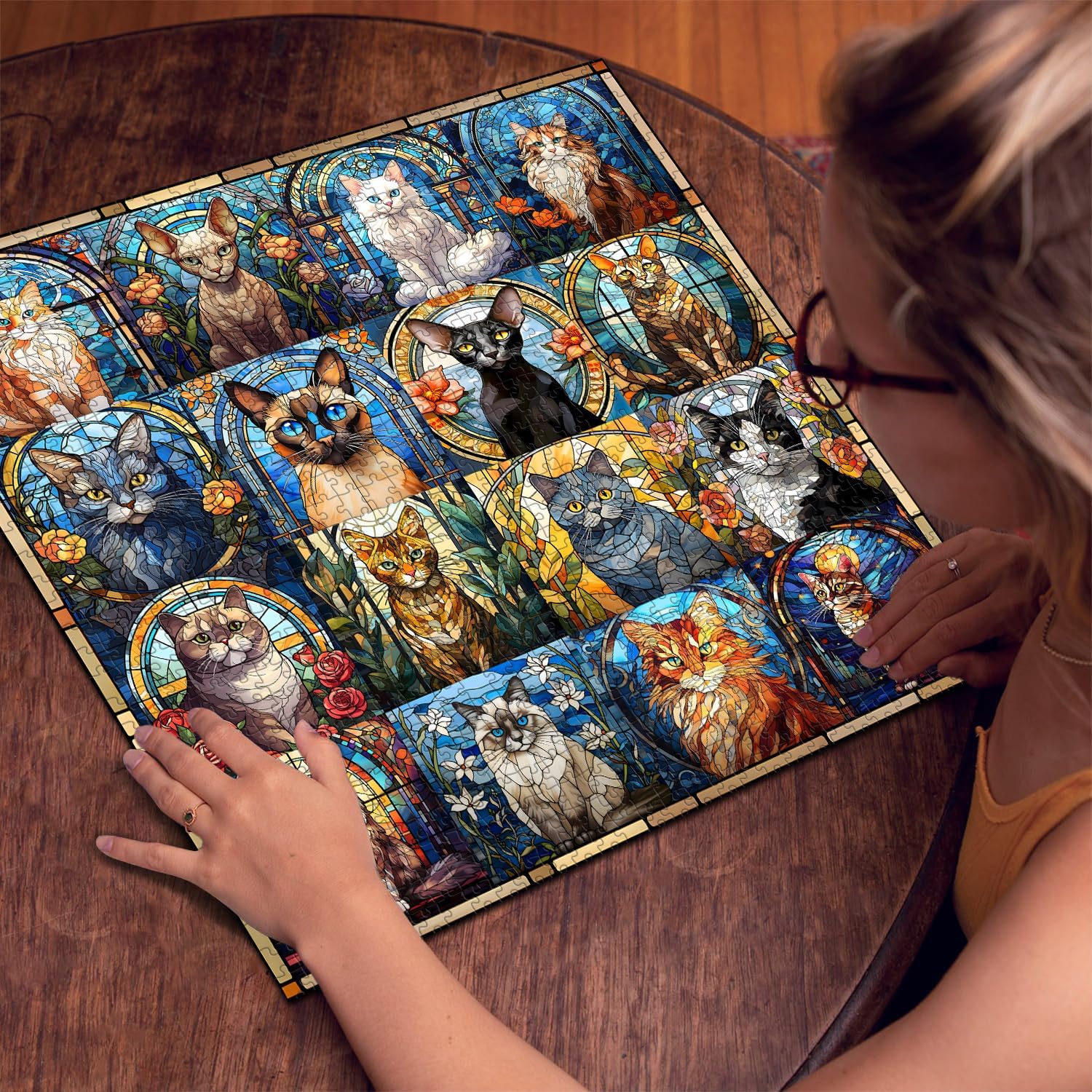 Thumbnail 6 de Stained Glass Puzzle Cat Puzzles for Adults – 1000 pièces, vitrail coloré avec 16 chats