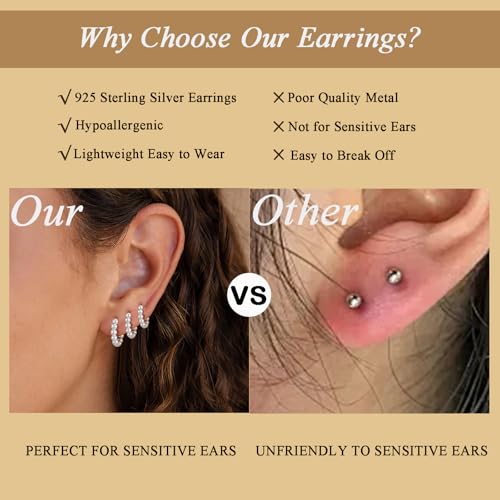 Thumbnail 6 de Aretas Sterling Silver Hoop Earrings Set – 3 Pairs (12/14/16mm) Hypoallergenic with Cubic Zirconia