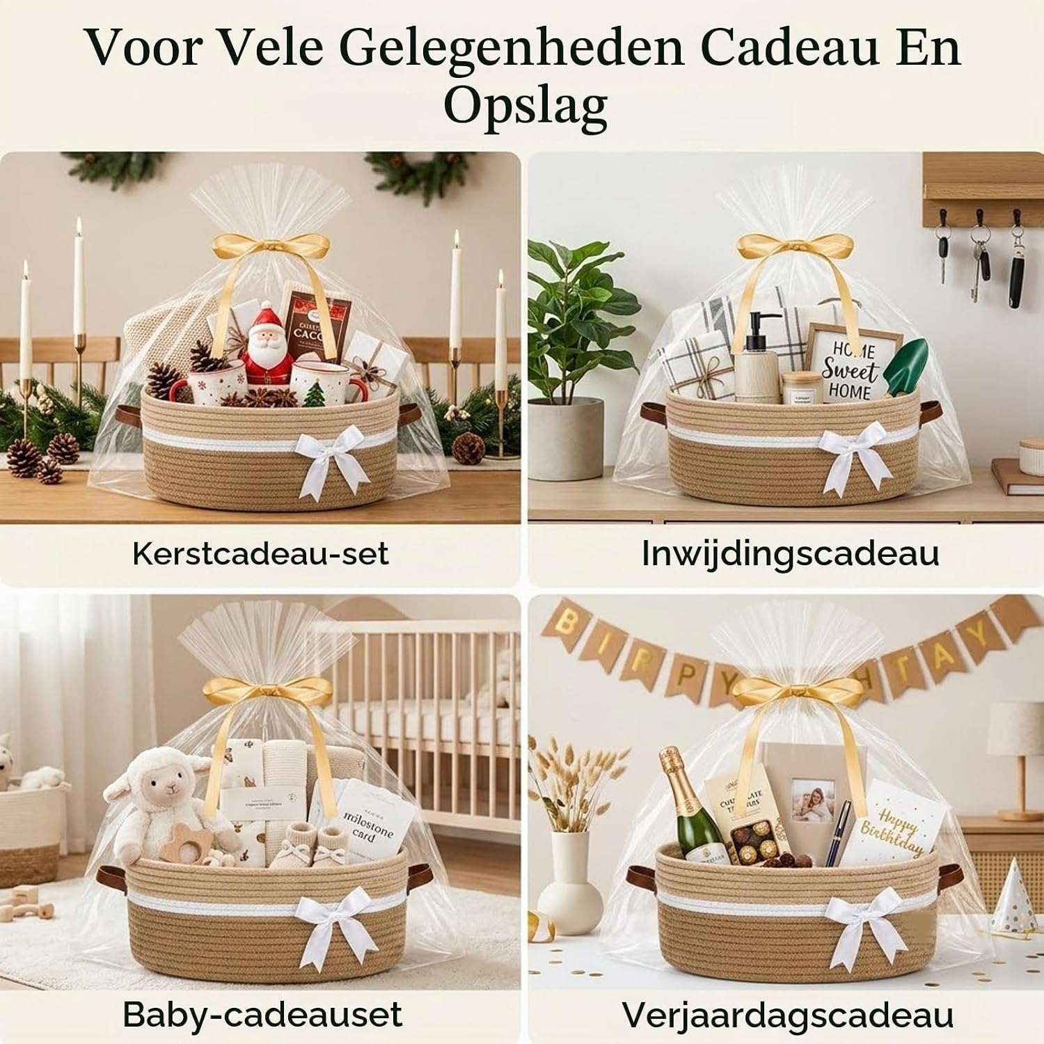 Detalle 2 de Brizuf geschenkmand van katoenen touw, opvouwbaar, kaki, 35,5 x 25,5 x 14 cm