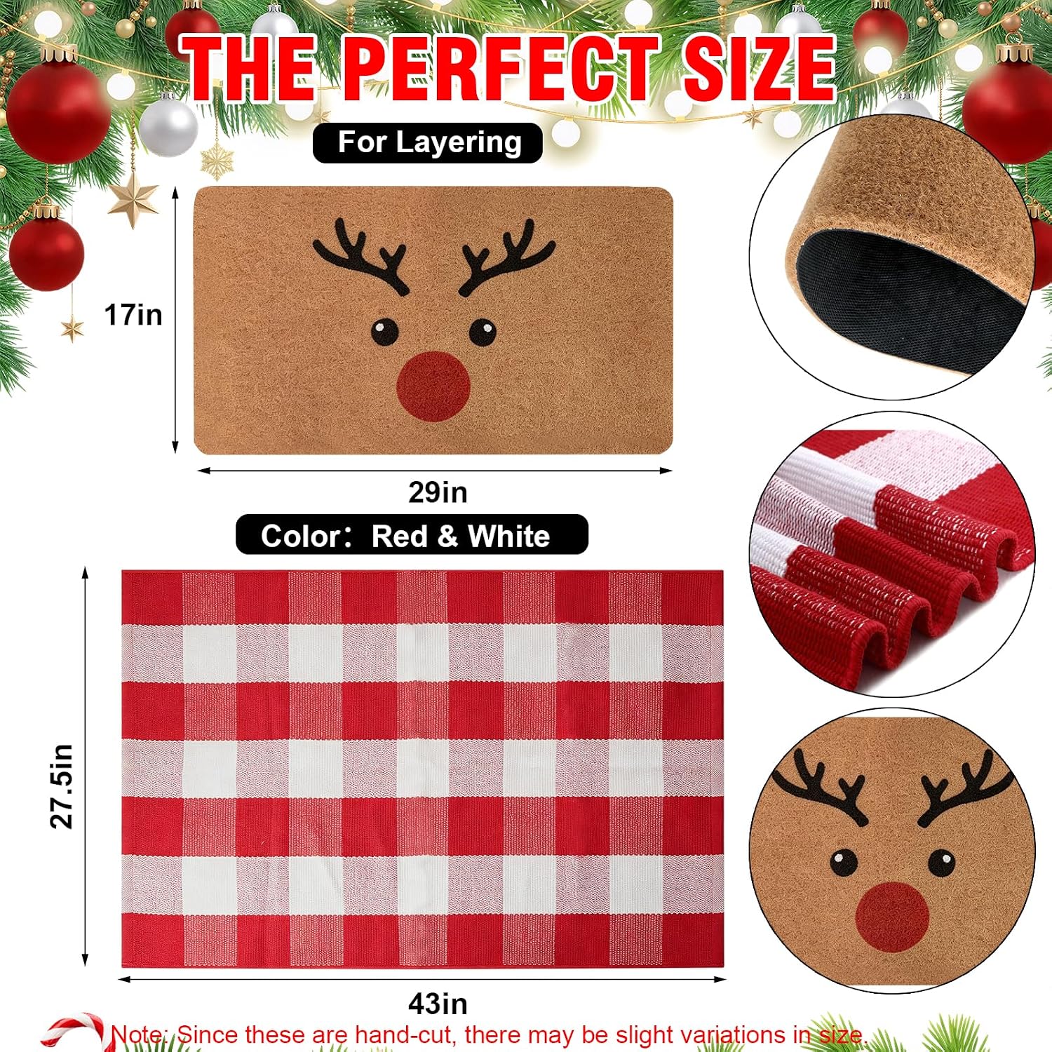 Detalle de PIXFAIRY Christmas Layered Doormat Set, Reindeer Coir and Red Plaid Cotton