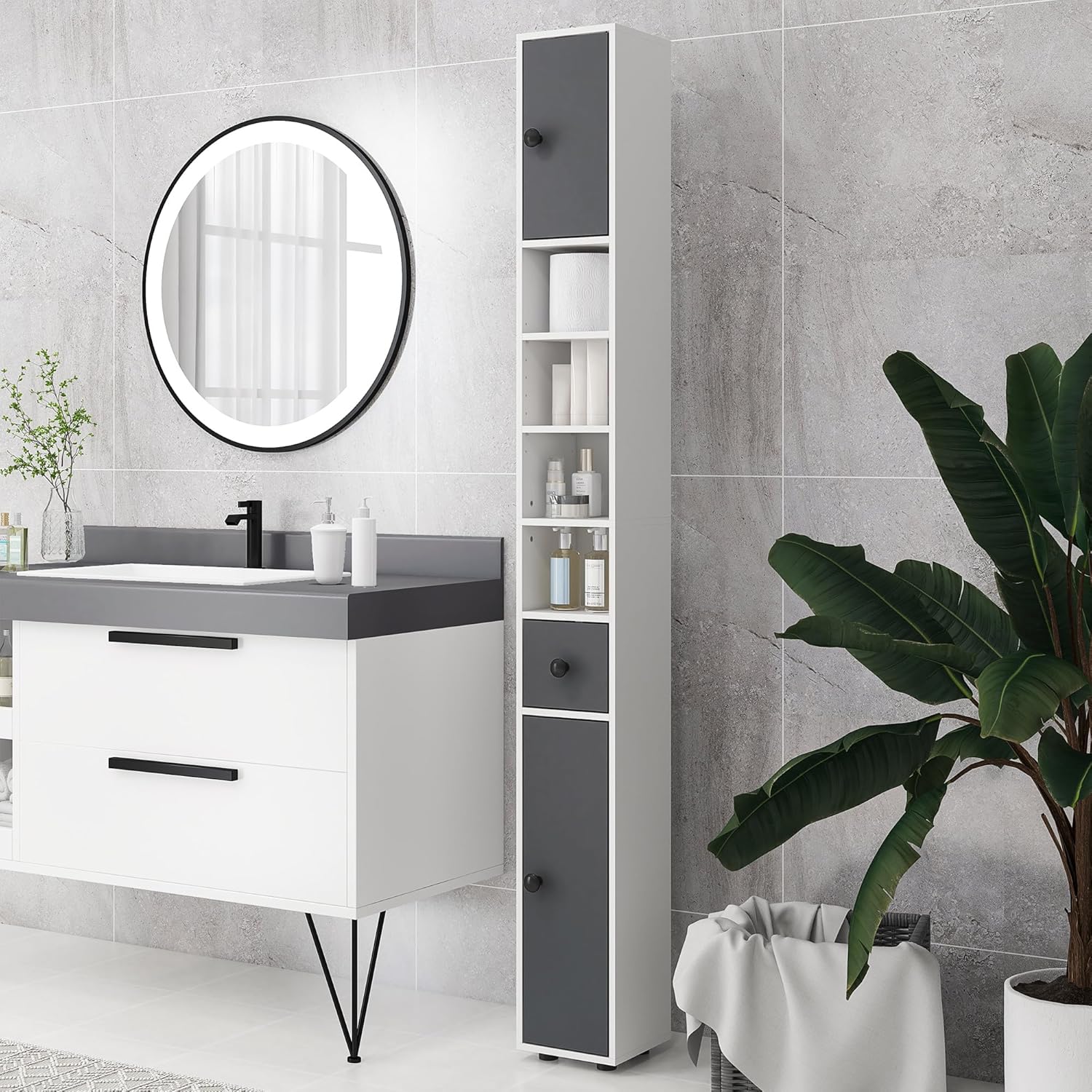 Detalle de kleankin Armoire colonne Salle de Bain – 20 x 20 x 180 cm, gris
