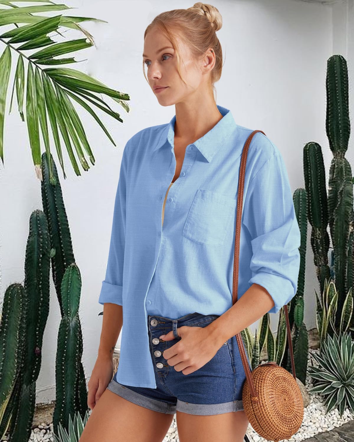 Detalle de Friptspyg Damenbluse – Lässige Langarm Hemdbluse mit V-Ausschnitt, 100% Baumwolle, Tasche