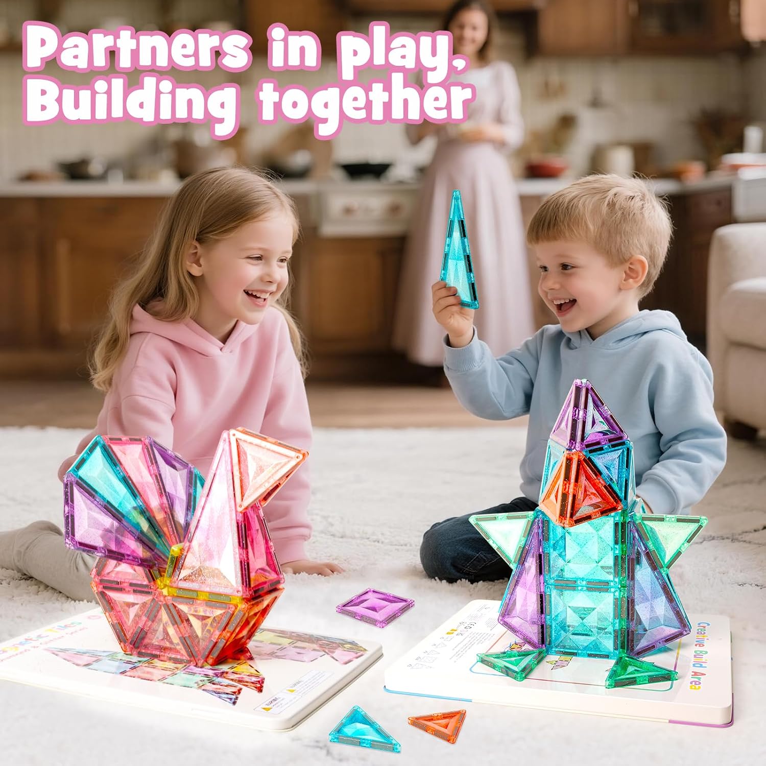 Detalle de YOGOHEE 48pcs Large Glitter Magnetic Tiles – Diamond-Shaped STEM Building Set
