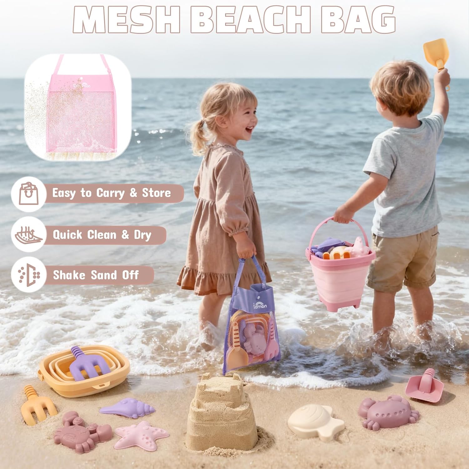 Detalle de Dreamon Sandspielzeug Strandset, 18-tlg. inkl. faltbarem Eimer – für Kinder ab 3 Jahren