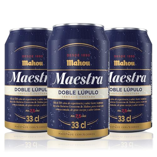 Detalle de Mahou Maestra Doble Lúpulo: pack de 12 latas de 33 cl (7,5% vol), lager tostada de sabor intenso