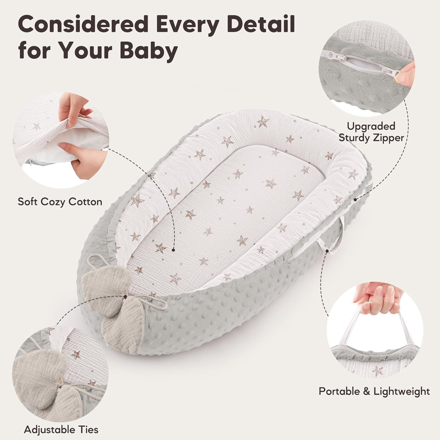 Detalle de Bearmoss Baby Nest Pod for Newborn (Cream Star) – breathable cotton baby lounger for home & travel