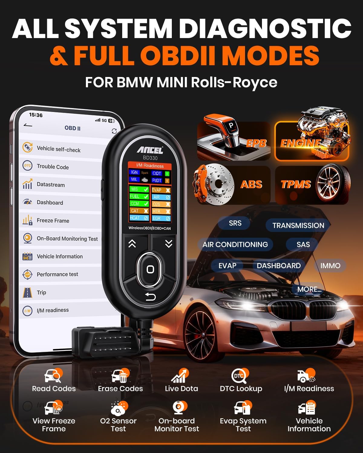 Detalle de (Upgraded BD310) ANCEL BD330: BMW OBD2 Scanner with Battery Registration, Full System Diagnostics