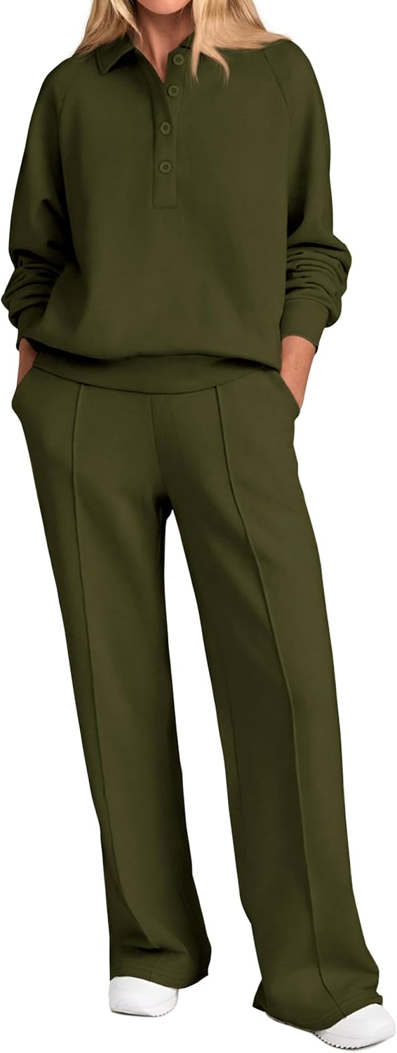 Detalle de PRETTYGARDEN Women’s Fall 2-Piece Quarter-Button Sweatshirt & Wide-Leg Pants Lounge Set