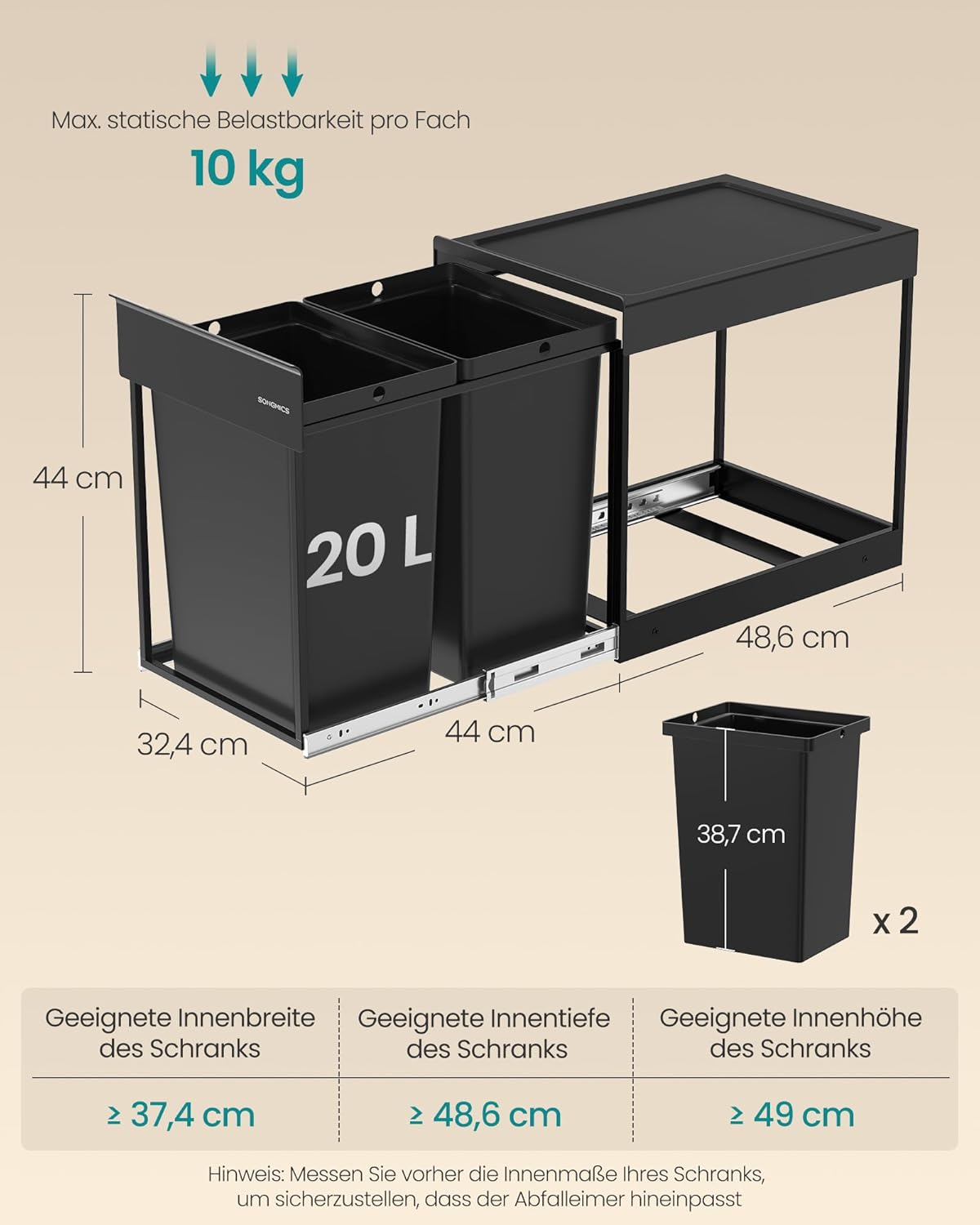 Detalle 2 de SONGMICS LTB951B01 Mülleimer 2×20 L 🗑