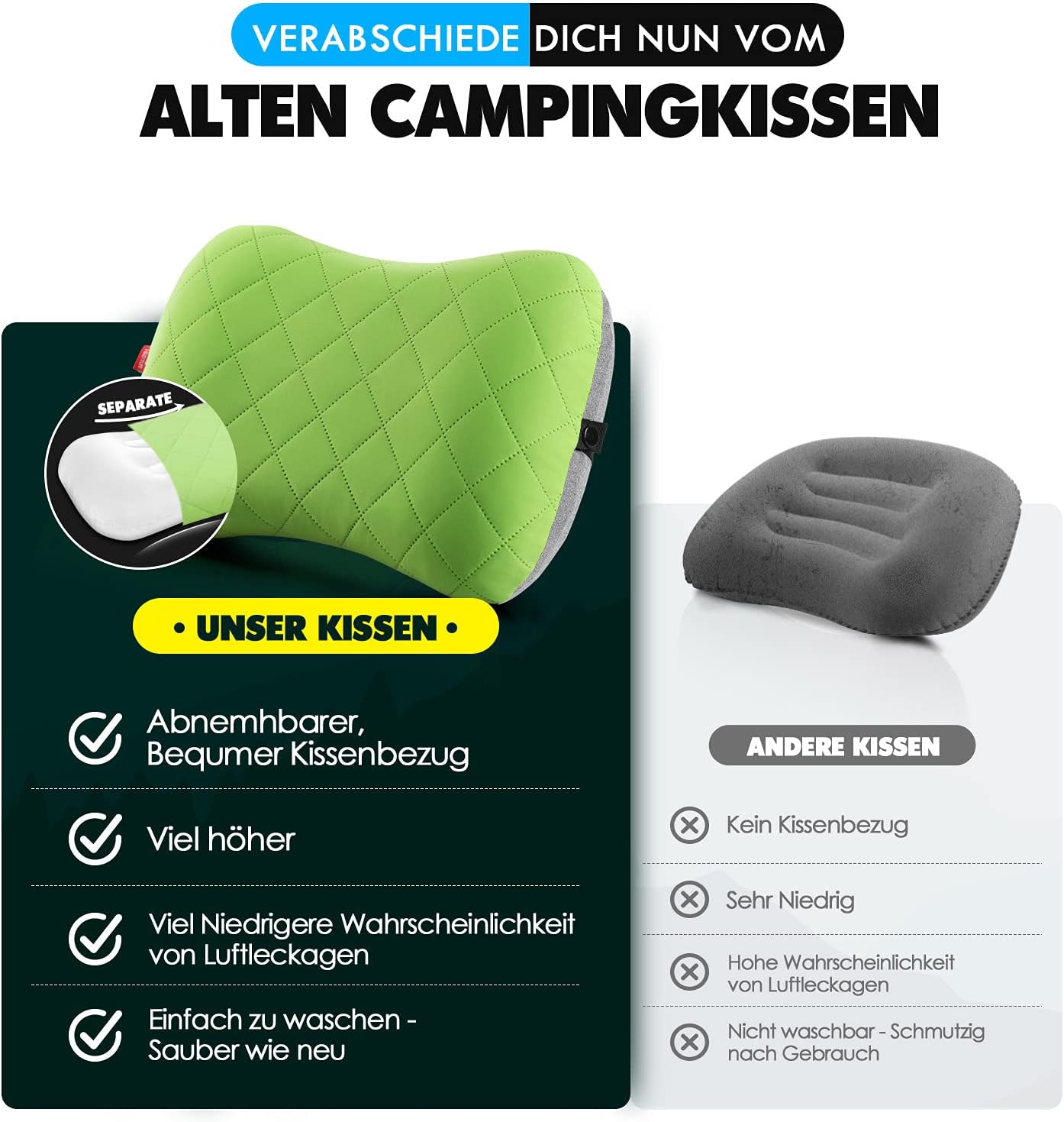 Thumbnail 1 de HIKENTURE aufblasbares Reise-/Camping-Nackenkissen (grün) mit abziehbarem, waschbarem Kissenbezug