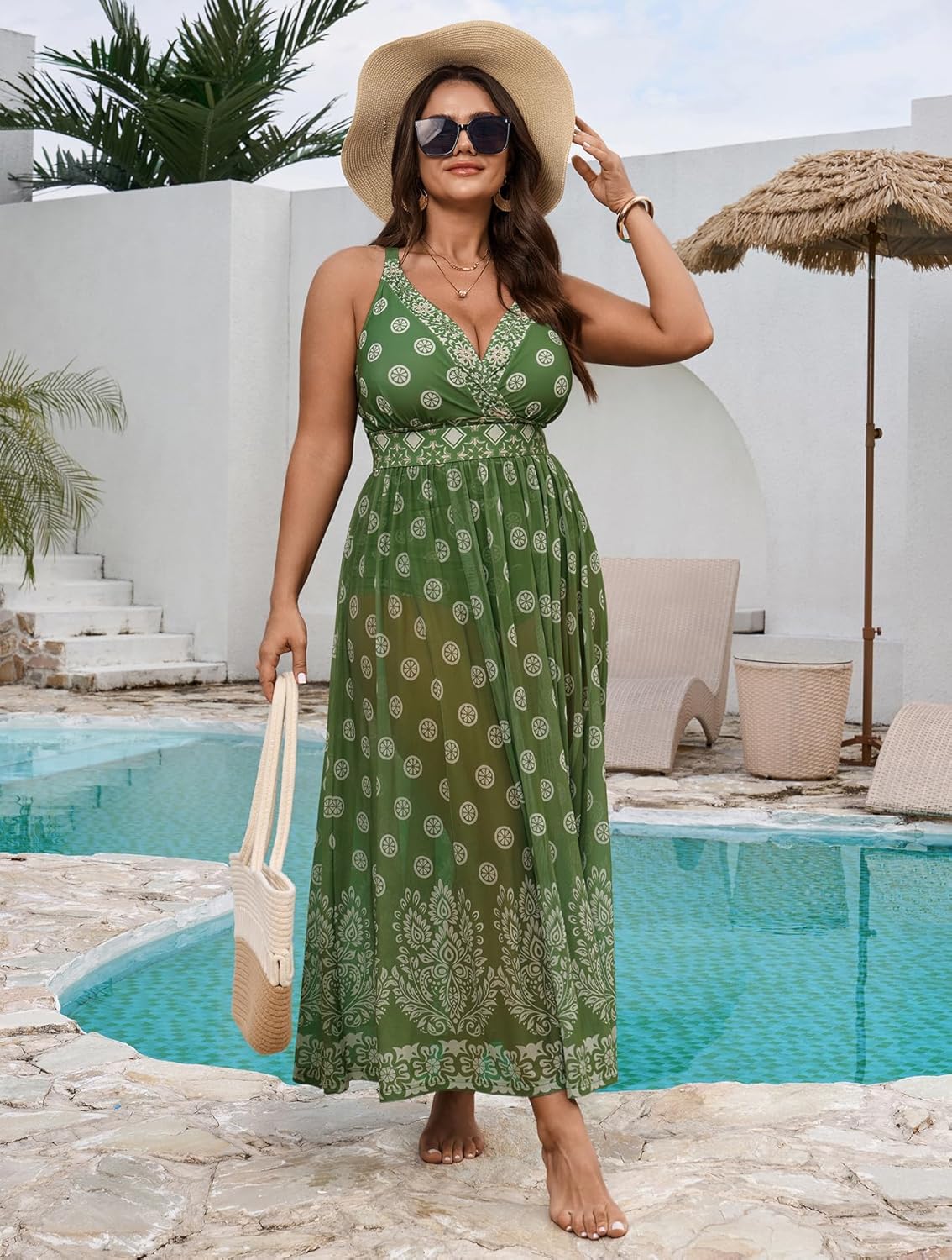Detalle de SCOMCHIC Women's Plus Size One Piece Swimsuit with Tummy Control and Floral Mesh Skirt
