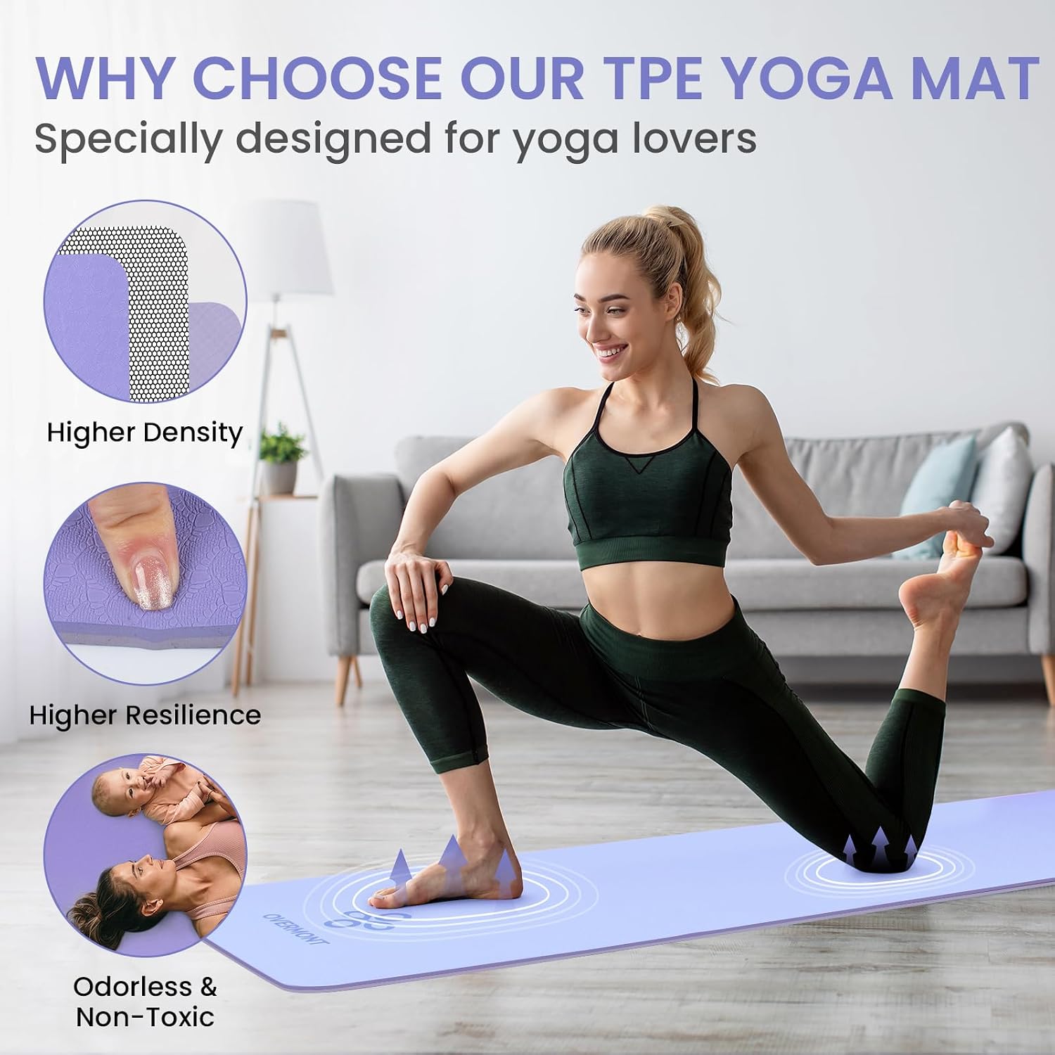 Detalle de OVERMONT TPE Yoga Mat, 72" x 24", 1/3-Inch Thick, Dual-Sided Grip