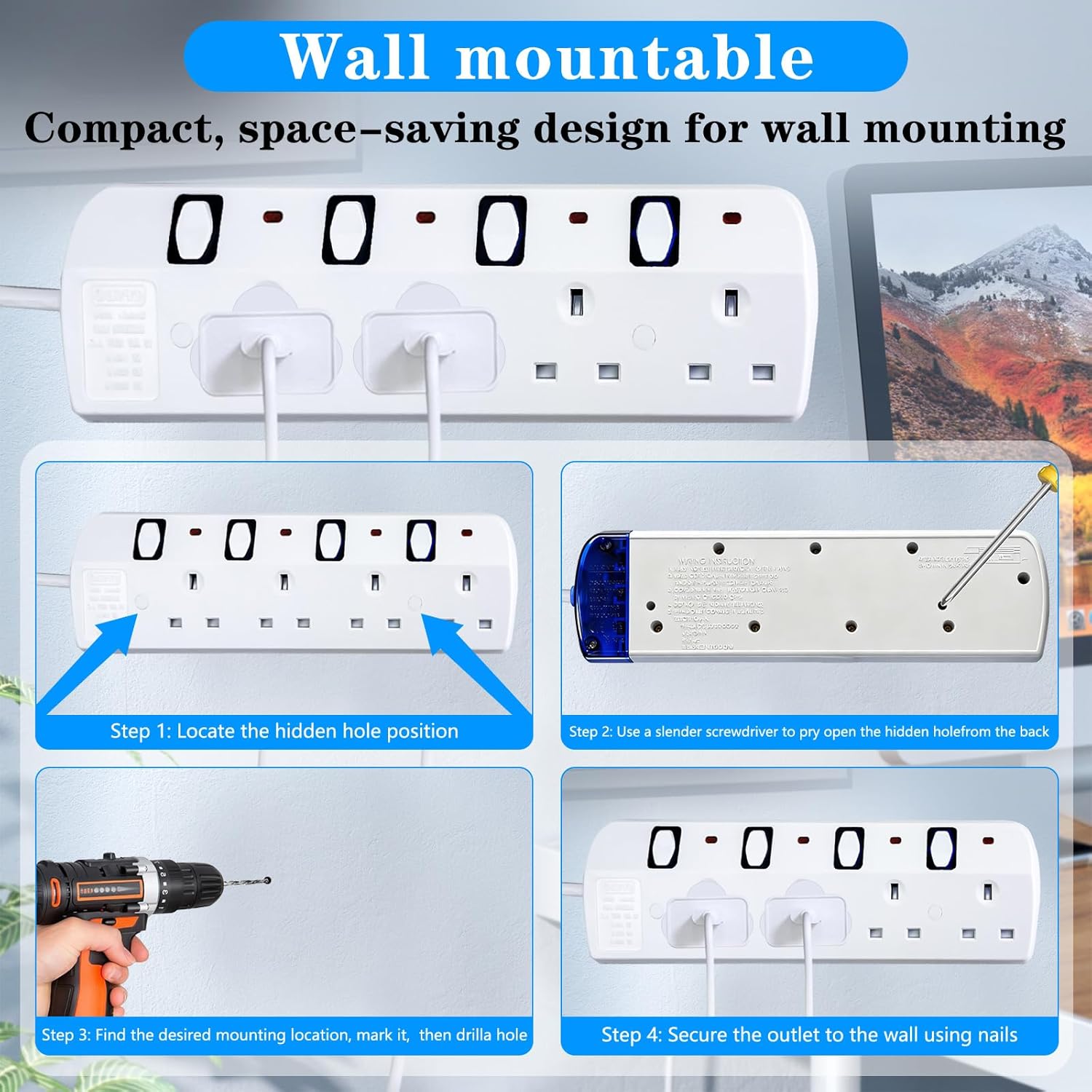 Thumbnail 3 de 5M Extension Lead with Individual Switches: 4‑Way, Wall Mountable, Surge Protected