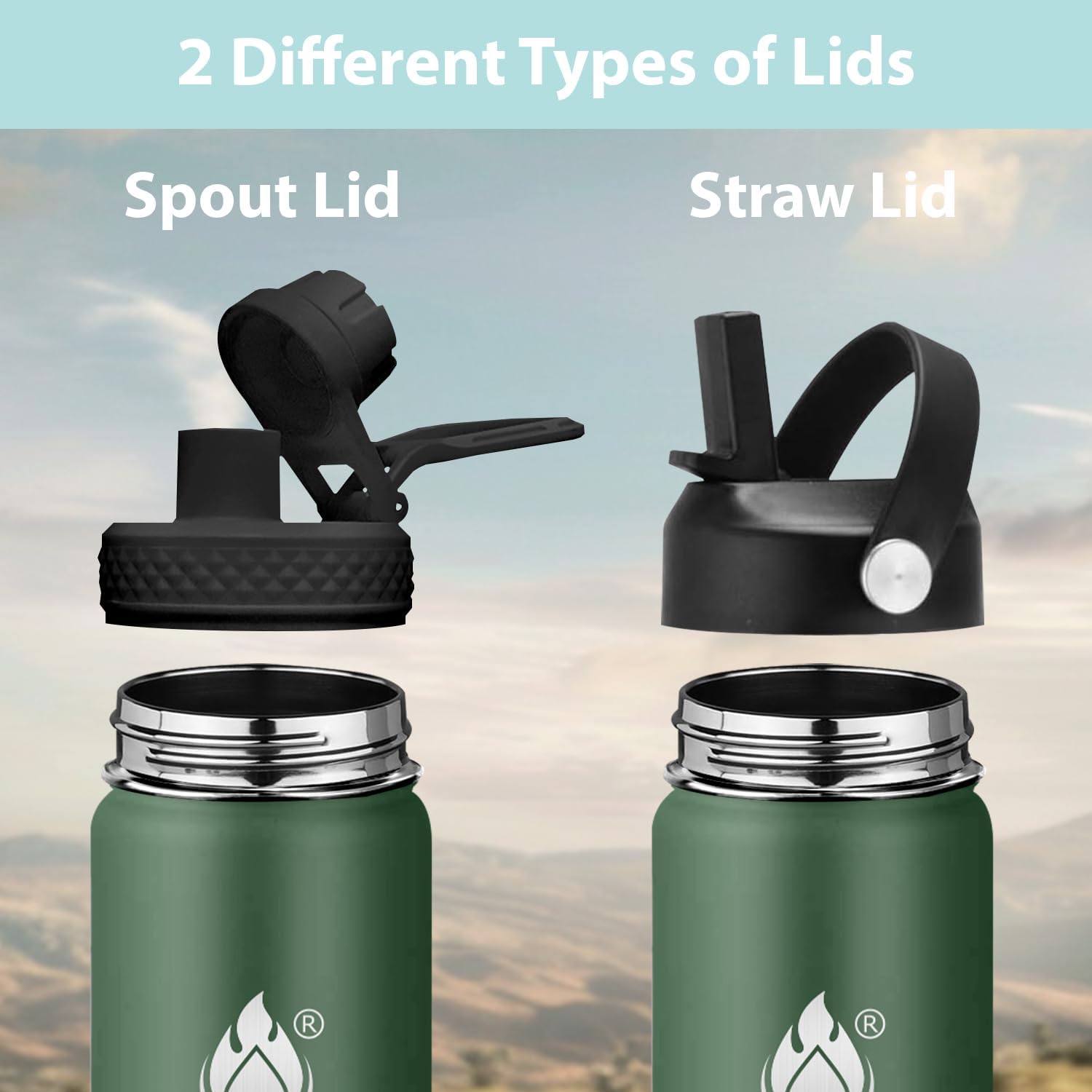 Detalle de Insulated Water Bottle 24 oz with Straw: Stainless Steel, Dual Lids, Keeps Drinks Cold or Hot