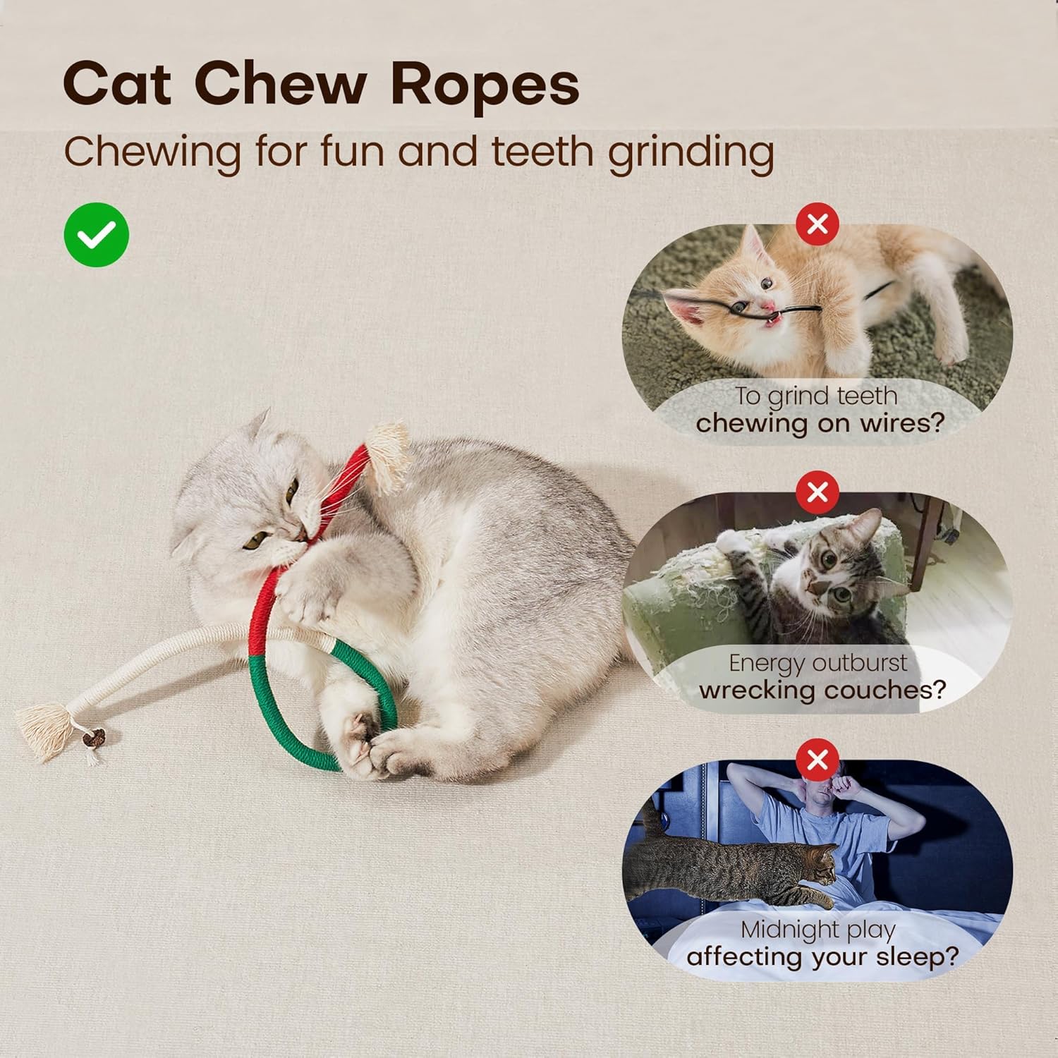 Thumbnail 1 de Potaroma Cat Toys Chew Ropes (3 pcs) with Refillable Natural Catnip – safe teeth-cleaning chew toy for indoor kittens