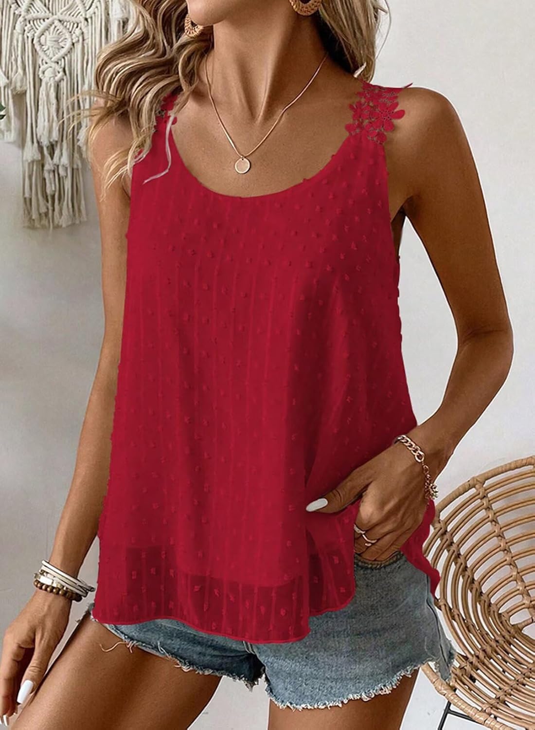 Thumbnail 5 de Womens Tank Tops Flowy Sleeveless Summer Boho Tank Top for Women Casual Crewneck Strap Lace Camisole Shirts