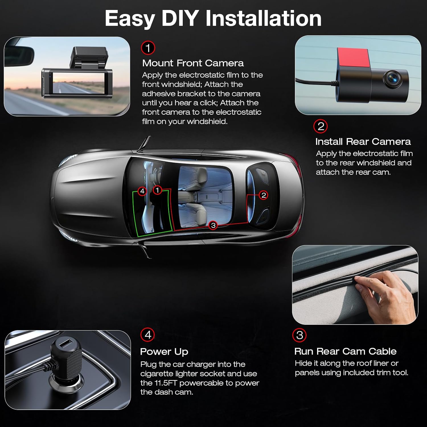 Detalle de Beferich 4K Dash Cam Front and Rear with 64GB, GPS, and 5.8GHz WiFi