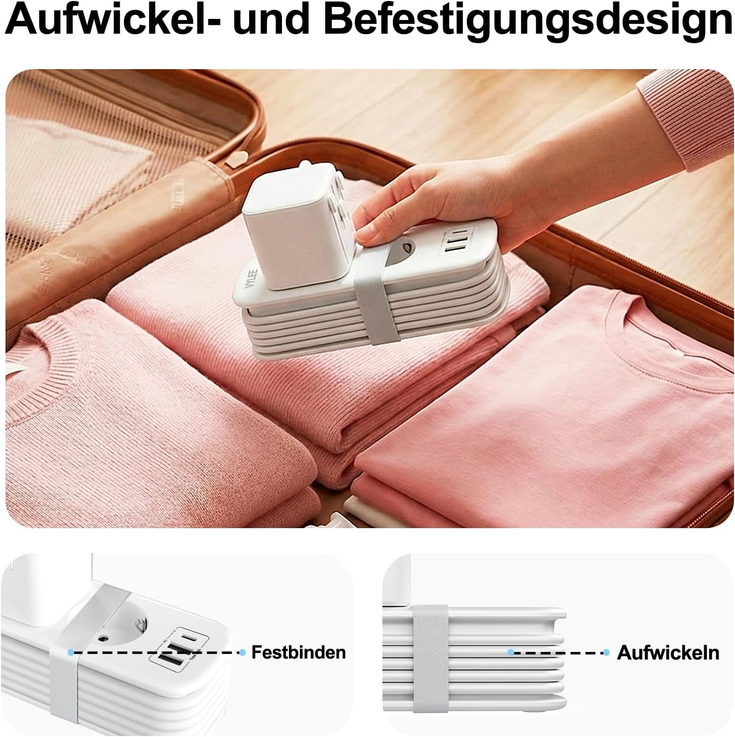 Detalle de VYLEE Reiseadapter Weltweit – All-in-One Reisestecker mit 2‑fach Steckdose, 2 USB‑A & 1 USB‑C, 1,5 m Kabel