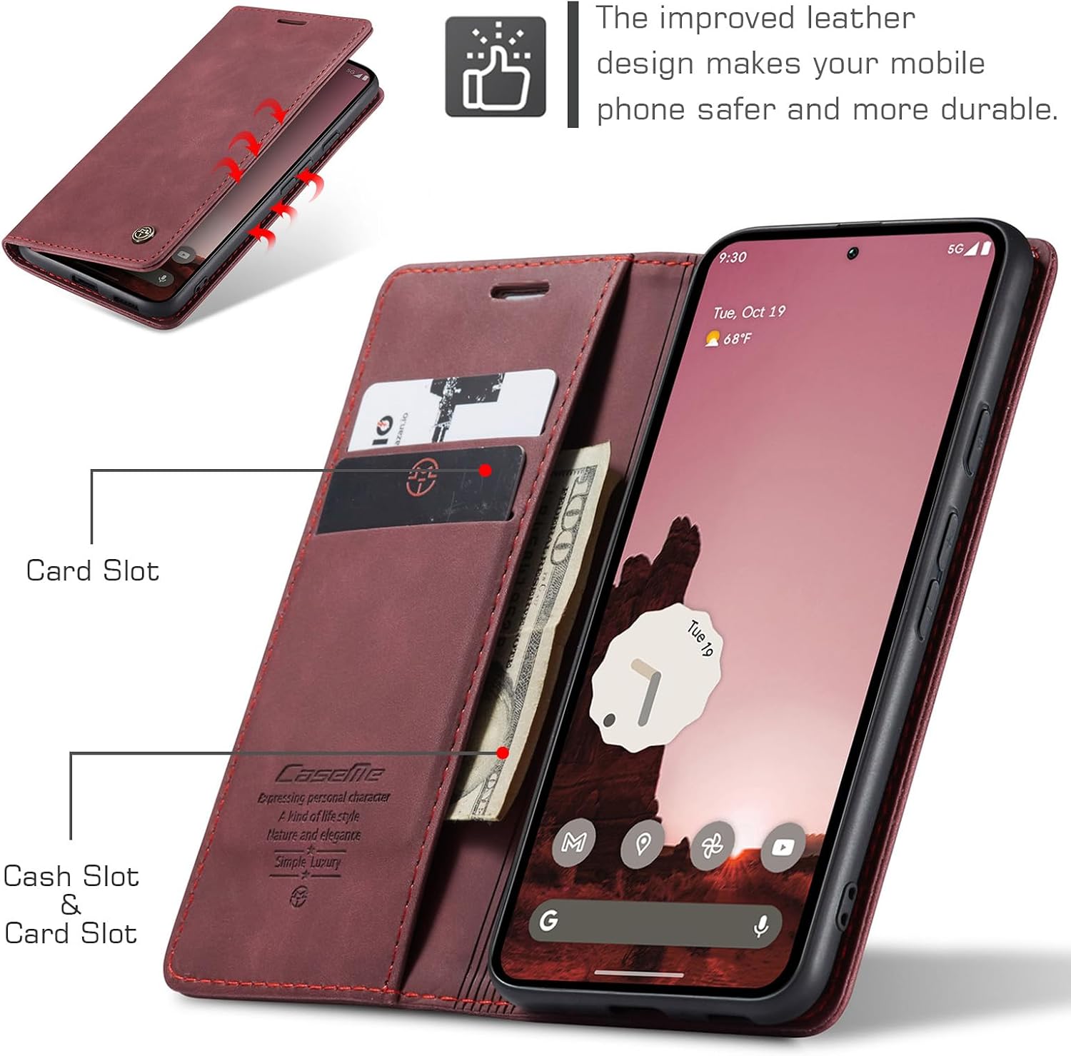 Detalle de Ottcooed Premium Leder Flip Case für Google Pixel 9a – Weinrot, Magnetverschluss, Standfunktion & Kartenfach