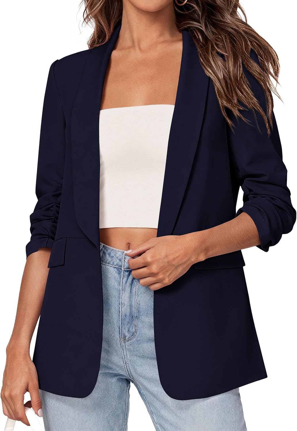 Detalle de PRETTYGARDEN Women's Lightweight Blazer with Ruched 3/4 Sleeves and Shawl Lapel
