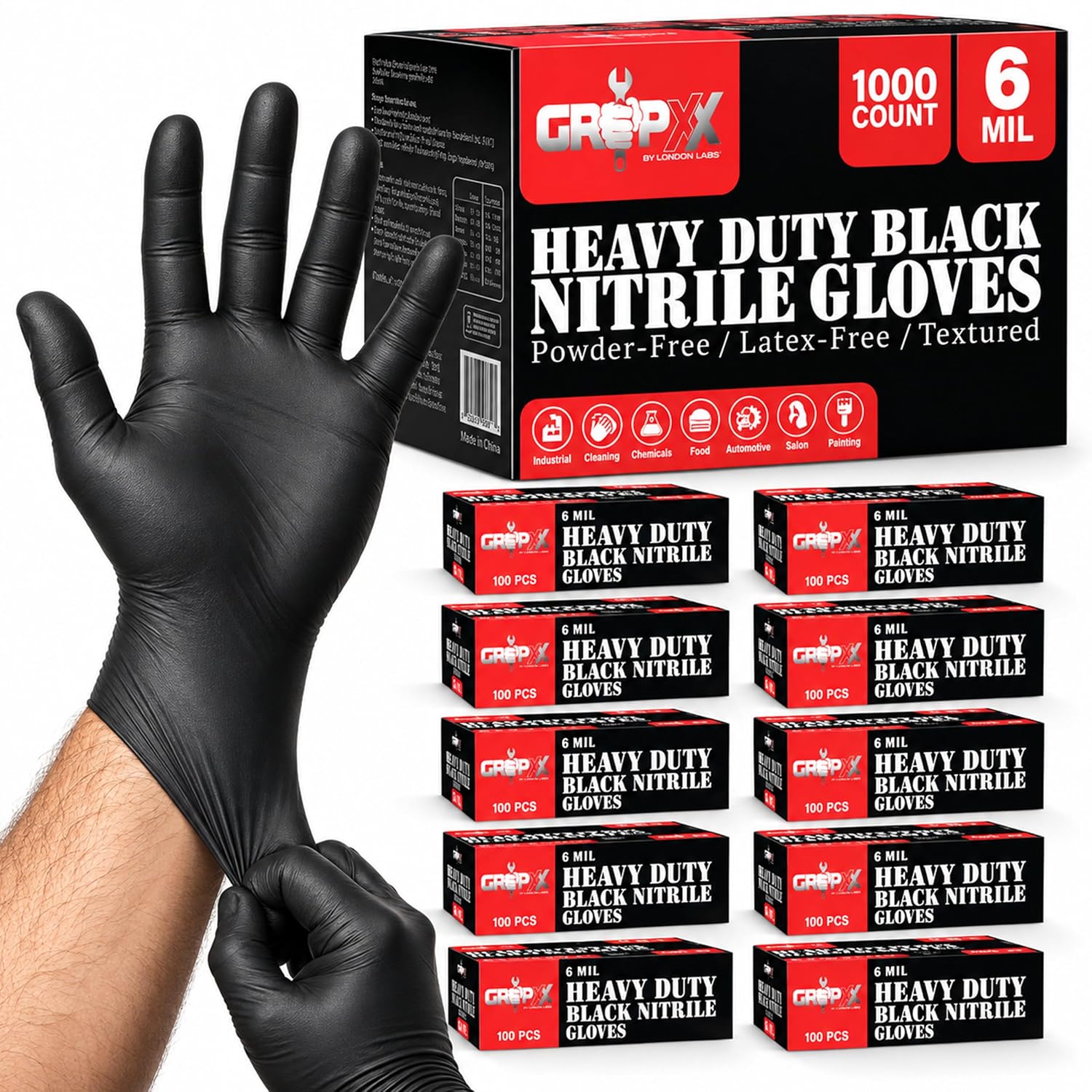 Detalle de London Labs Black Nitrile Gloves 6mil, X-Large, Powder-Free, 1,000 Count