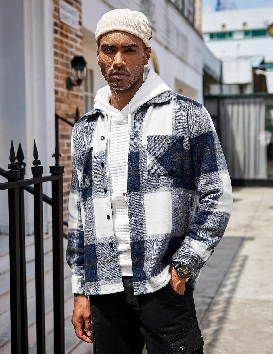 Detalle de COOFANDY Men's Plaid Flannel Shirt Jacket, Long-Sleeve Fleece Shacket