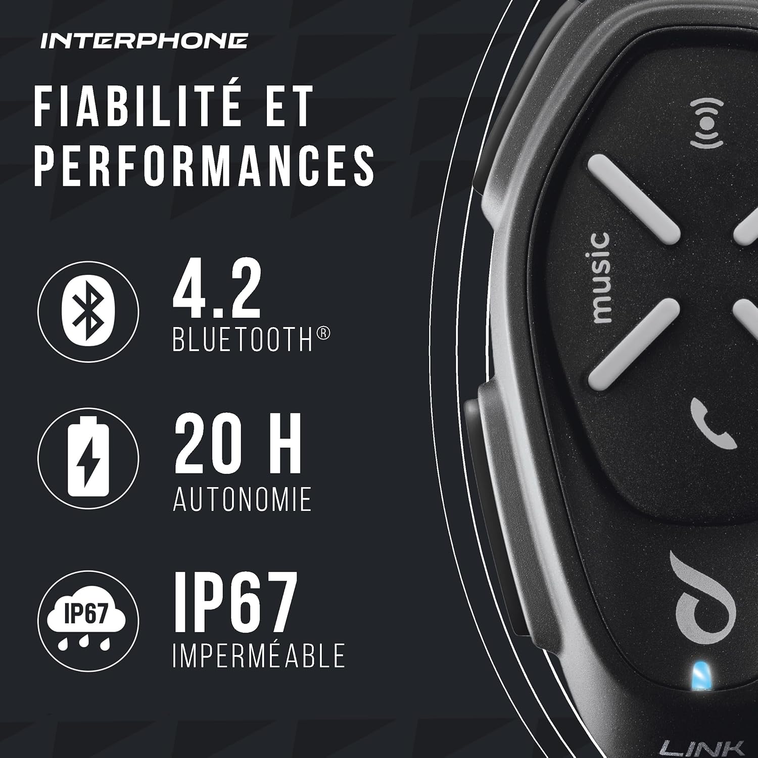 Detalle de Interphone Link HD Mono – Intercom Moto avec Bluetooth 4.2, autonomie 20 h et IP67