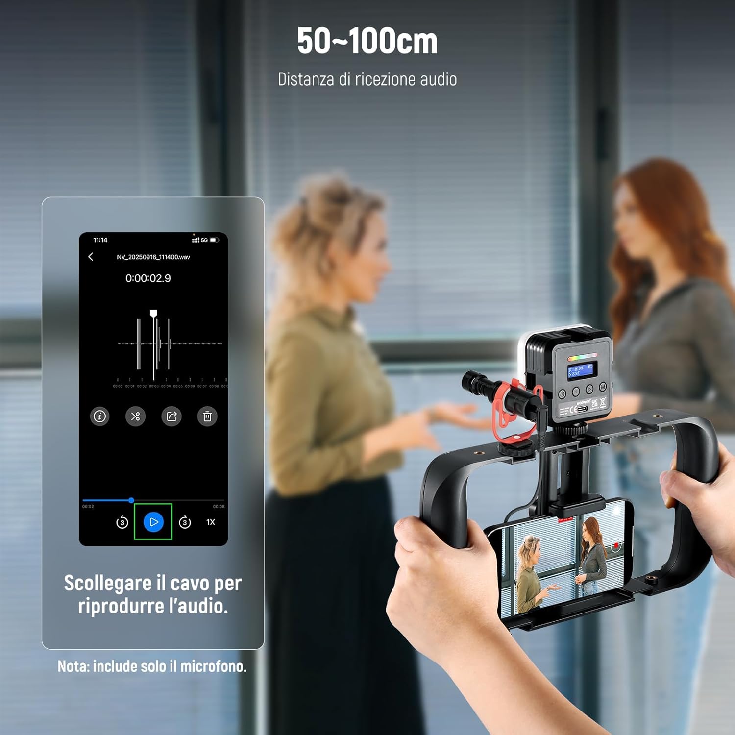 Detalle de Neewer Microfono Vlog Plug & Play mini supercardioide TRS 3,5 mm + USB‑C OTG