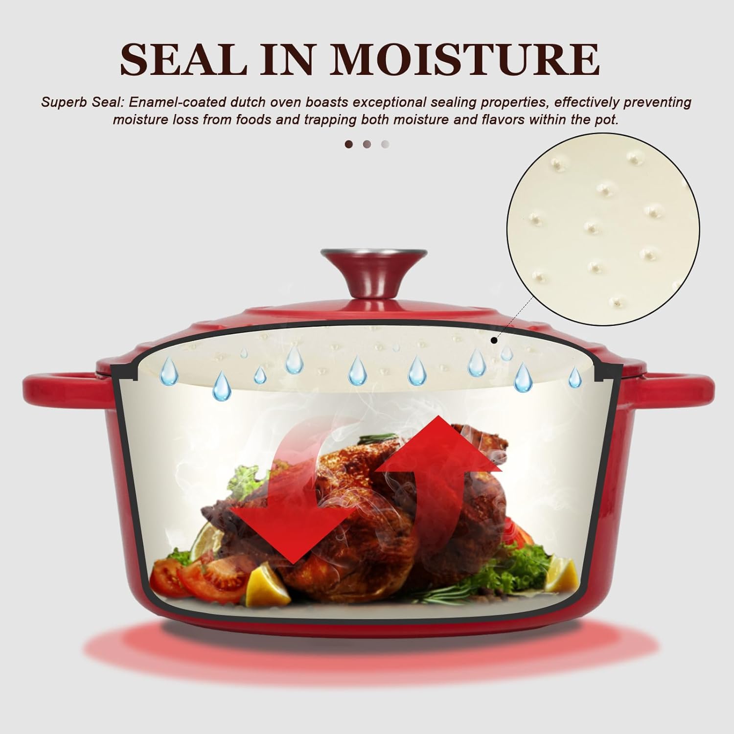 Detalle de Overmont Casseruola in Ghisa Smaltata Ø28 cm con Coperchio – Antiaderente, Forno Olandese, Induzione, Rosso