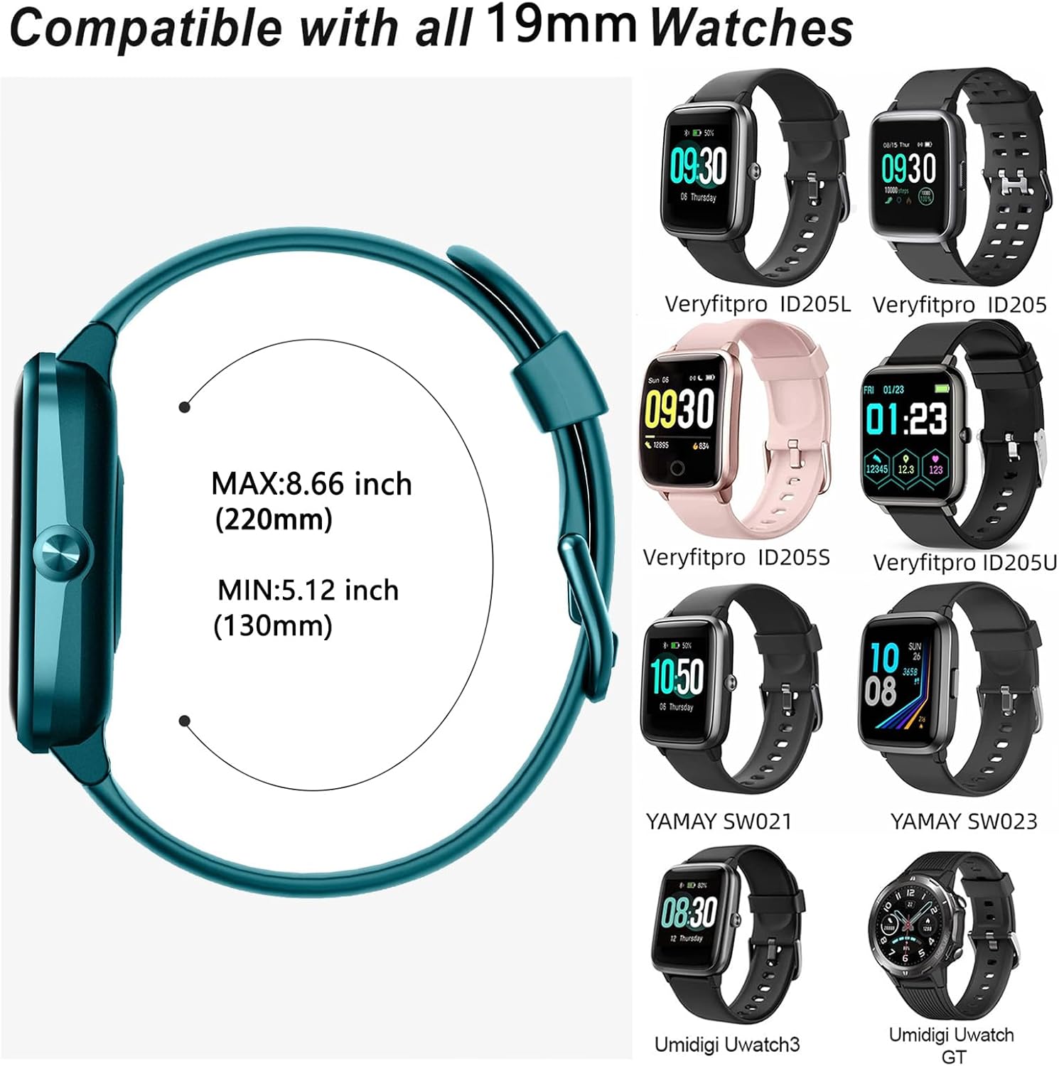 Thumbnail 2 de SUGARJAR 19mm Silicone Strap for Fitpolo ID205L/ID205S and More – Comfortable, Easy to Swap