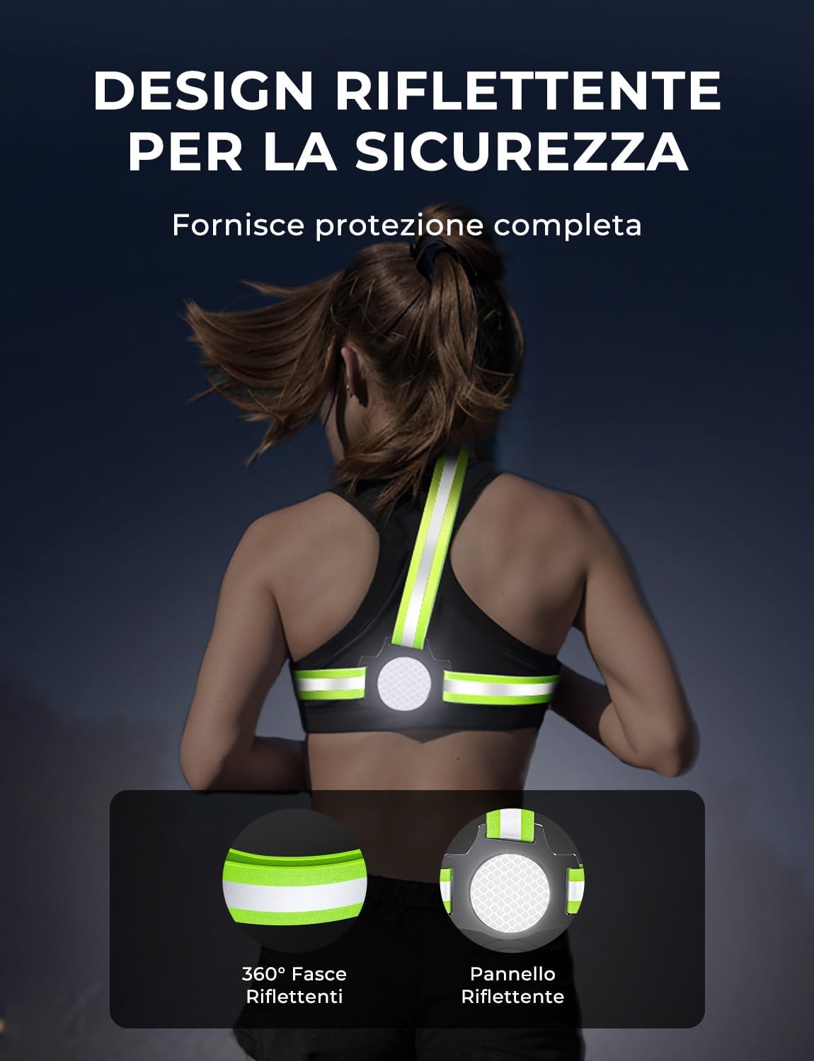 Detalle de Rolgno Luce Running con Strisce Riflettenti, 500 Lumen – USB ricaricabile, 7 modalità, 45° regolabile, IPX4