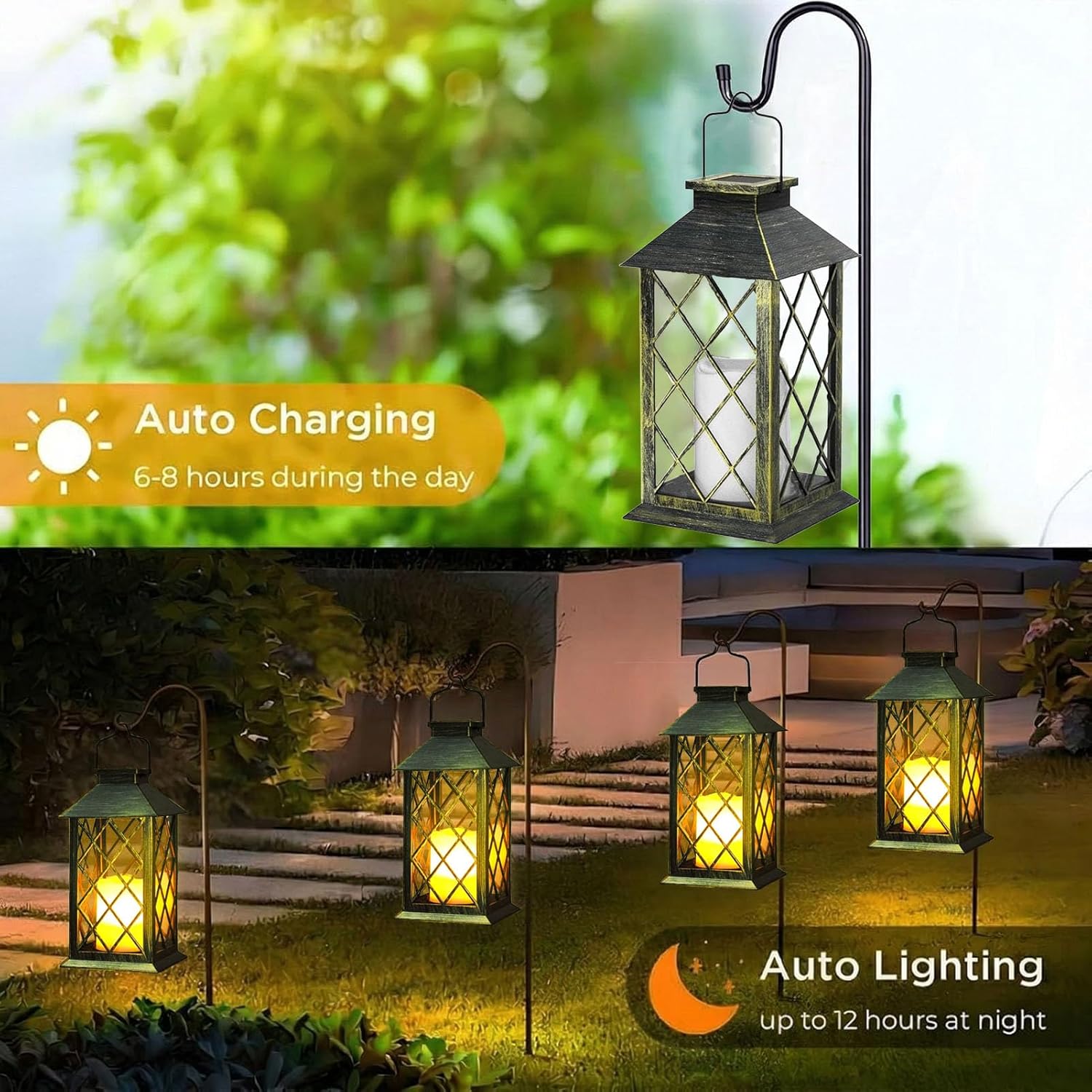 Thumbnail 5 de Yowin Solar Lanterns for Outside (2 Pack) 35cm Hanging Lanterns with Flickering LED Candle, Tempered Glass, IP44 – Bronze