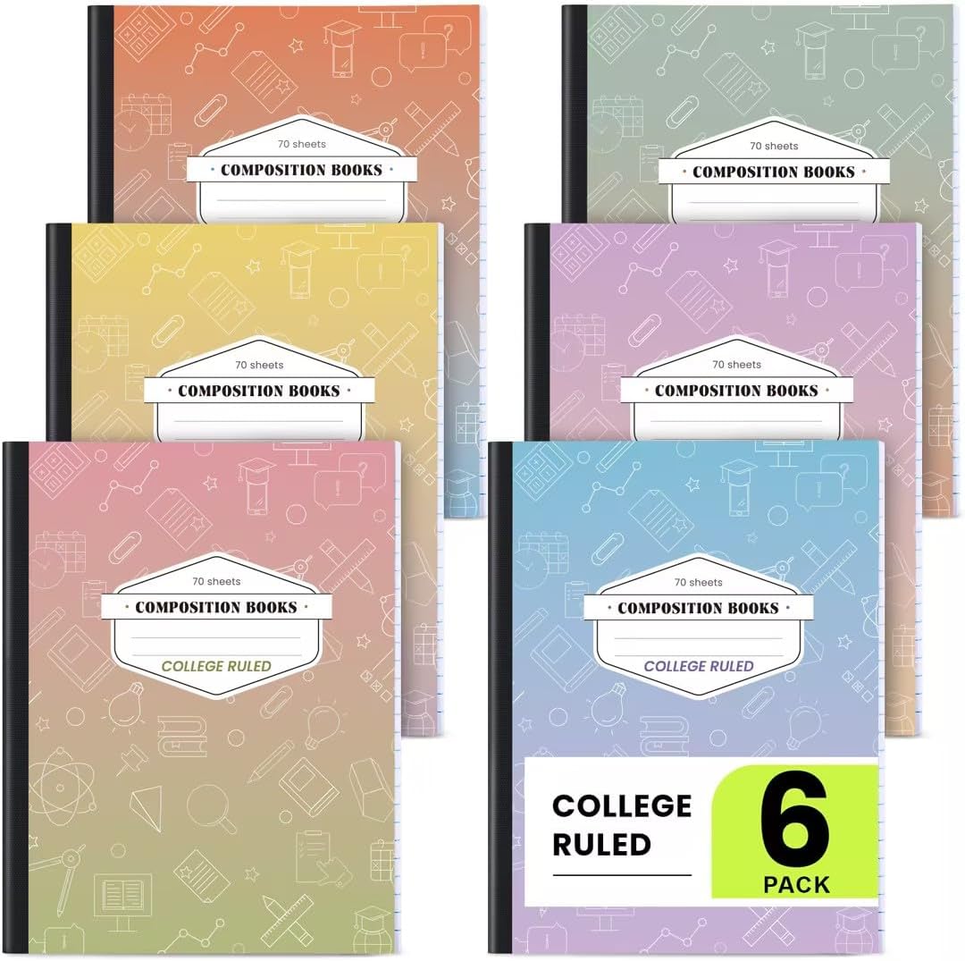 Detalle de Oucaru 6-Pack Composition Notebooks, College Ruled, 70 Sheets Each